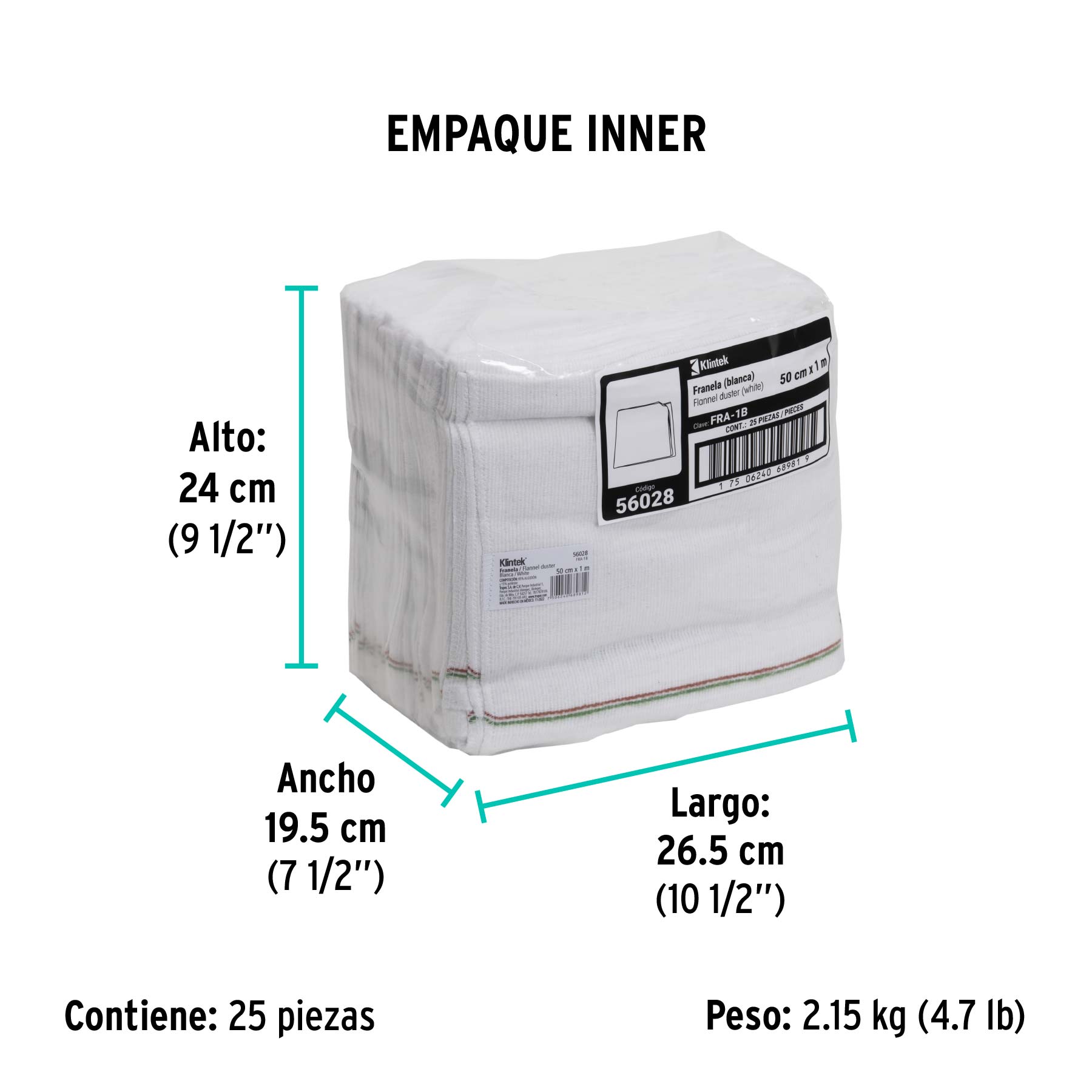 Franela blanca de algodón de 1 m, KLINTEK - Empaque