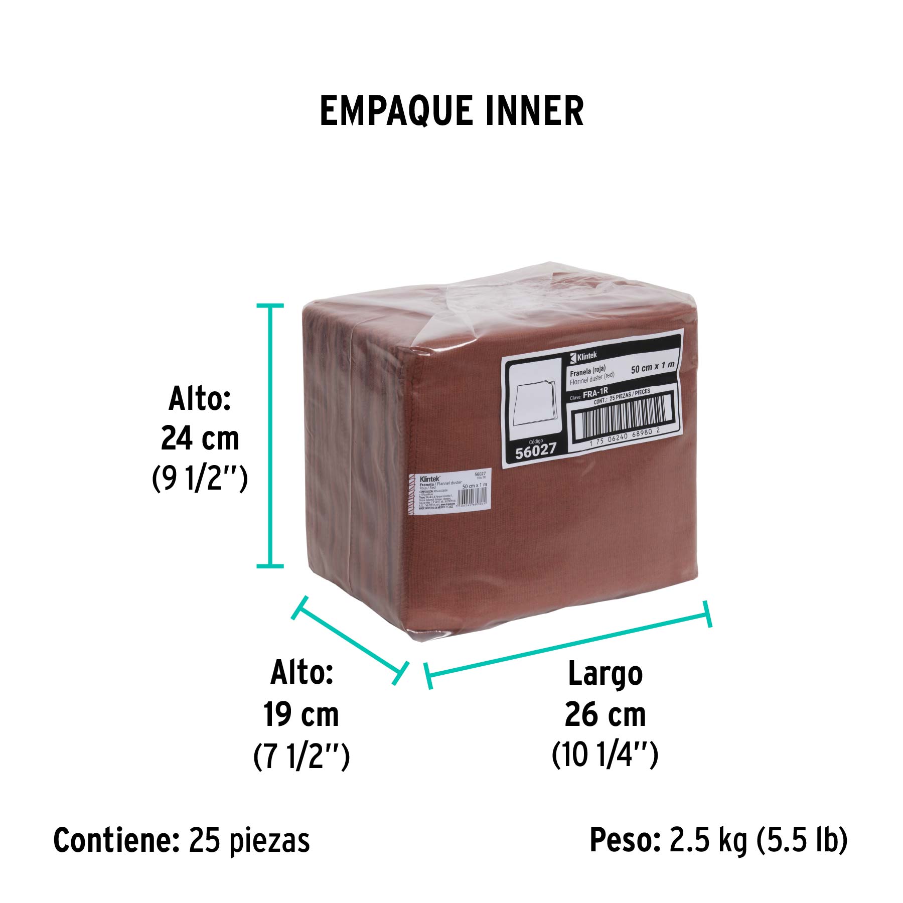 Franela roja de algodón de 1 m, KLINTEK - Empaque