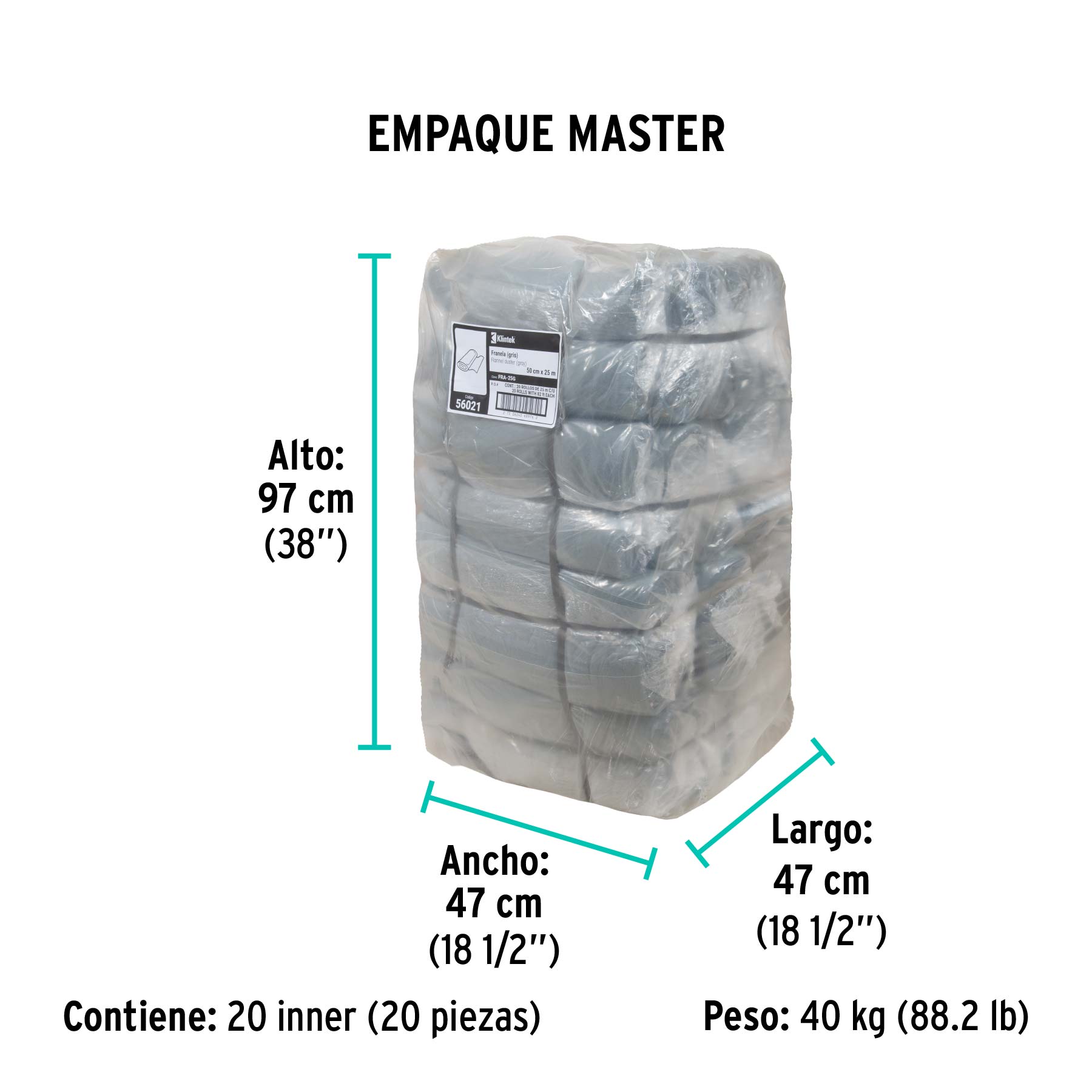 Rollo de 25 m de franela gris de algodón, KLINTEK - Empaque