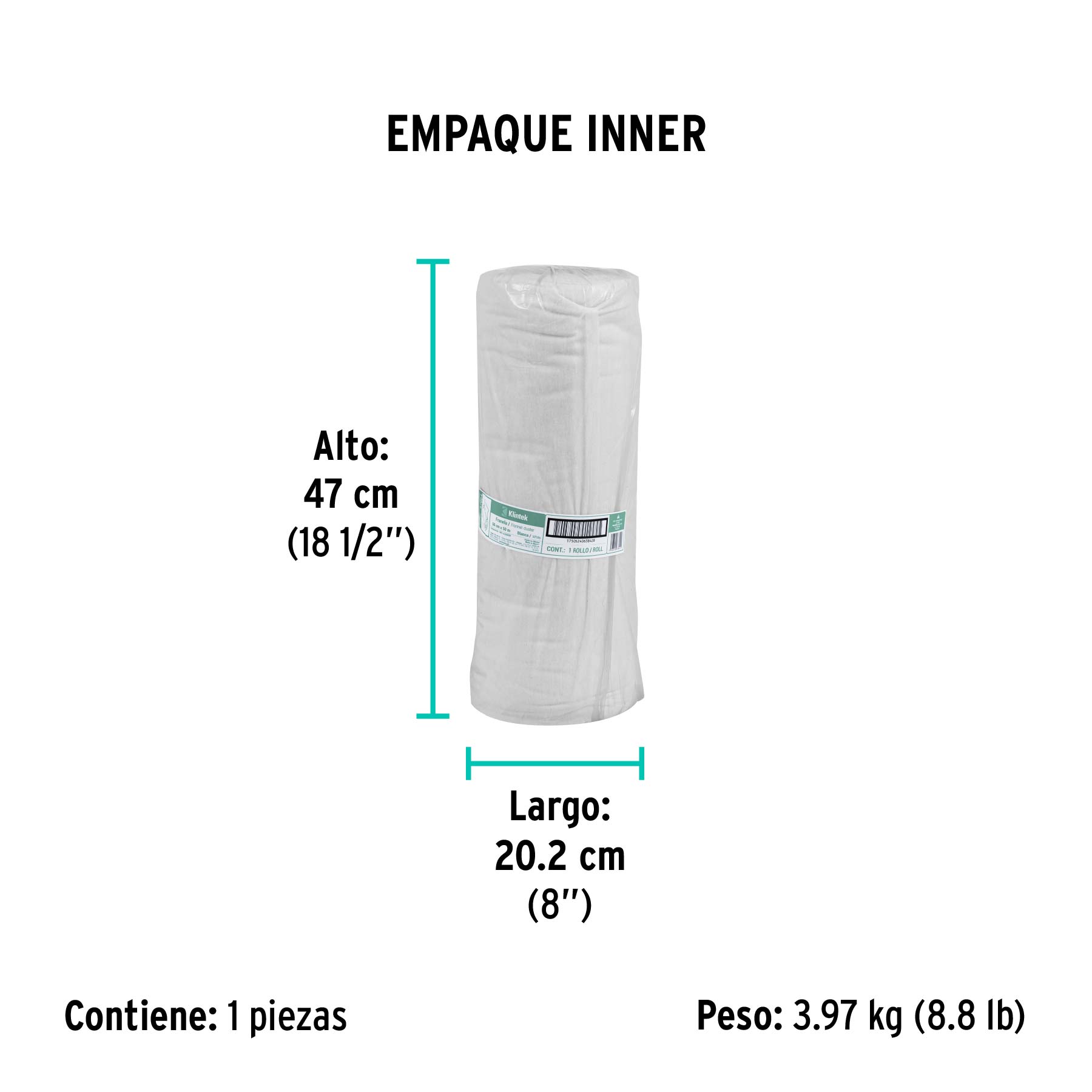 Rollo de 50 m de franela blanca de algodón, KLINTEK - Empaque