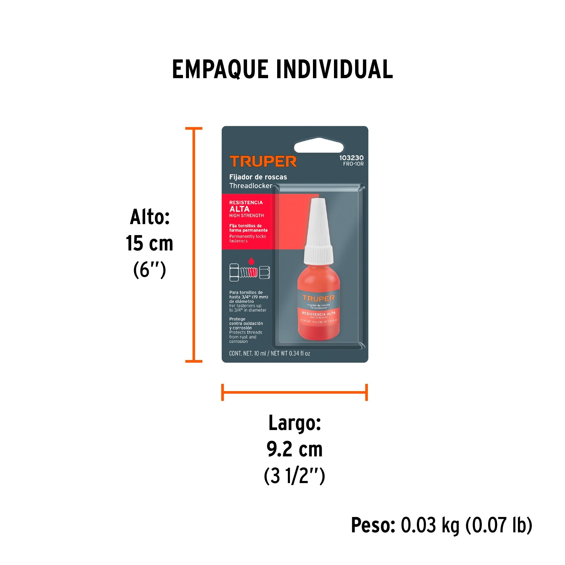 Fijador de roscas, permanente, 10 ml, rojo, TRUPER - Empaque