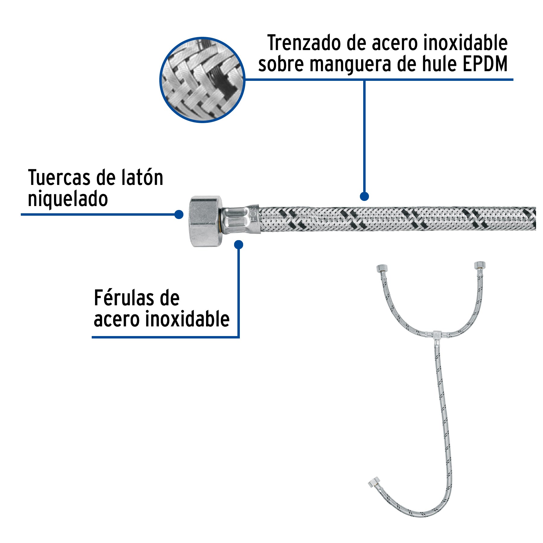 Manguera "T" lavabo/fregadero,acero inox,1/2"x1/2"x1/2",55cm