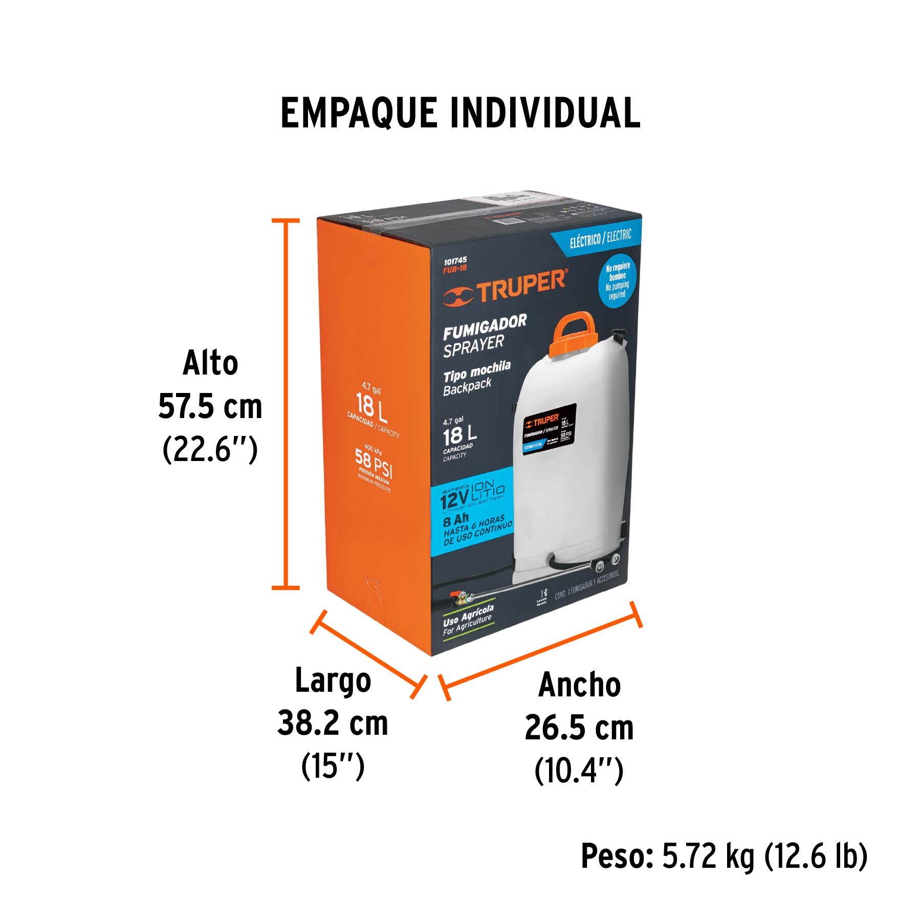 Fumigador de 18 L eléctrico con batería ion litio de 12 V - Empaque