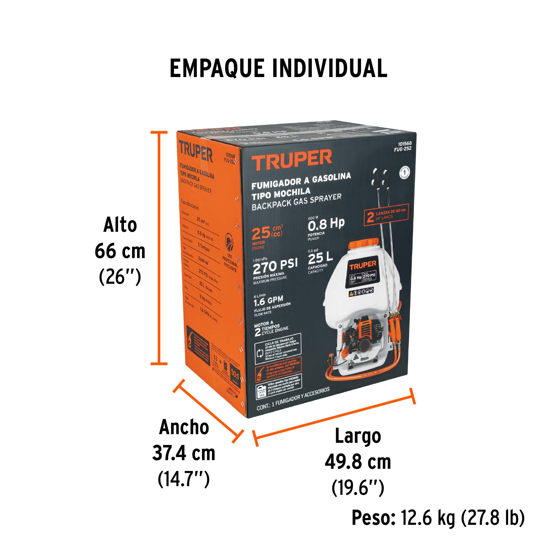 Fumigador de 25 L con motor a gasolina de 2 tiempos, TRUPER - Empaque