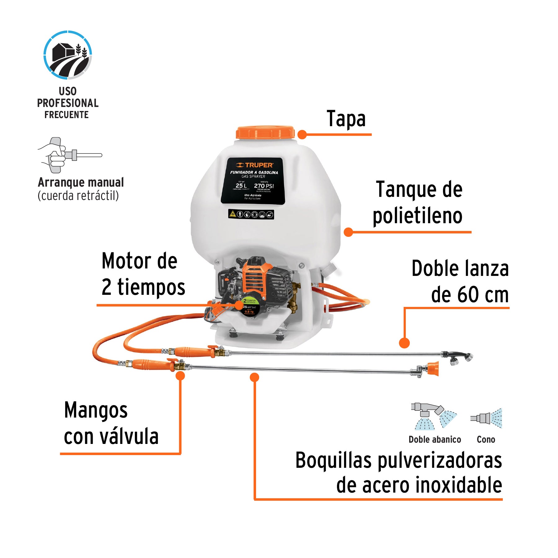 Fumigador de 25 L con motor a gasolina de 2 tiempos, TRUPER