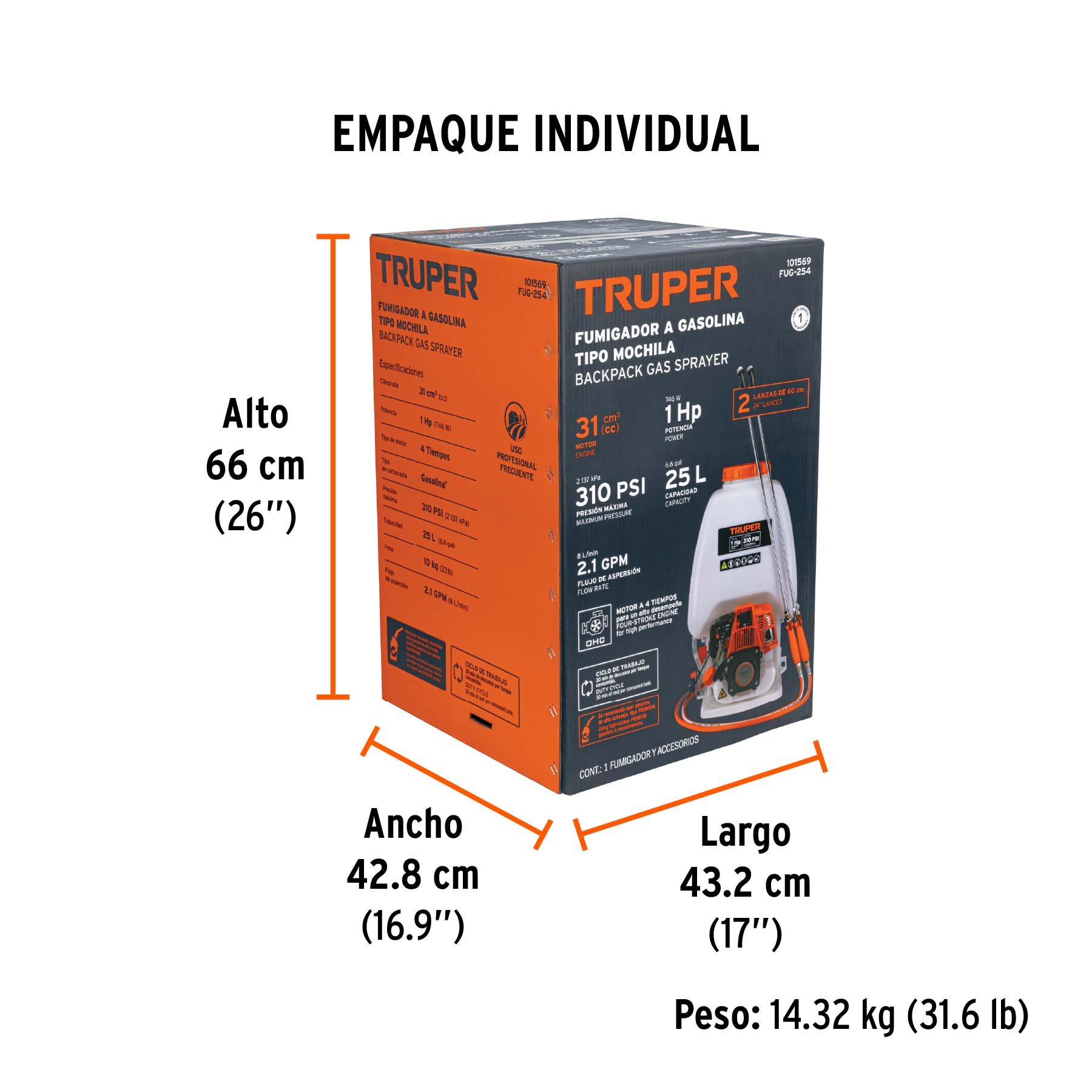 Fumigador de 25 L con motor a gasolina de 4 tiempos, TRUPER - Empaque