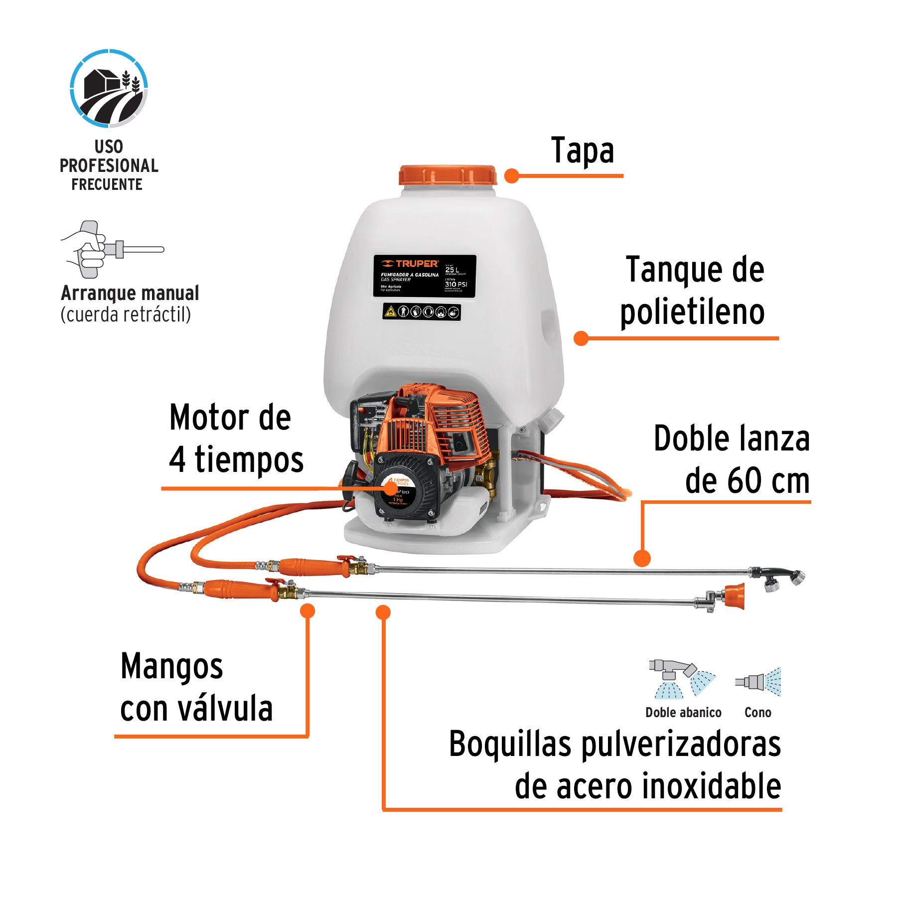Fumigador de 25 L con motor a gasolina de 4 tiempos, TRUPER