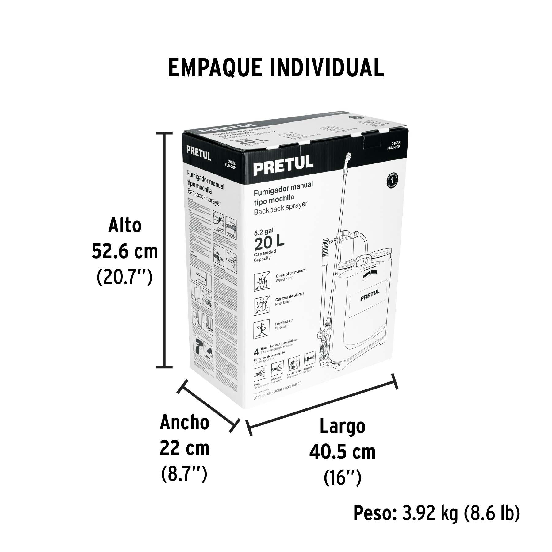 Fumigador de 20 L manual de mochila, PRETUL - Empaque