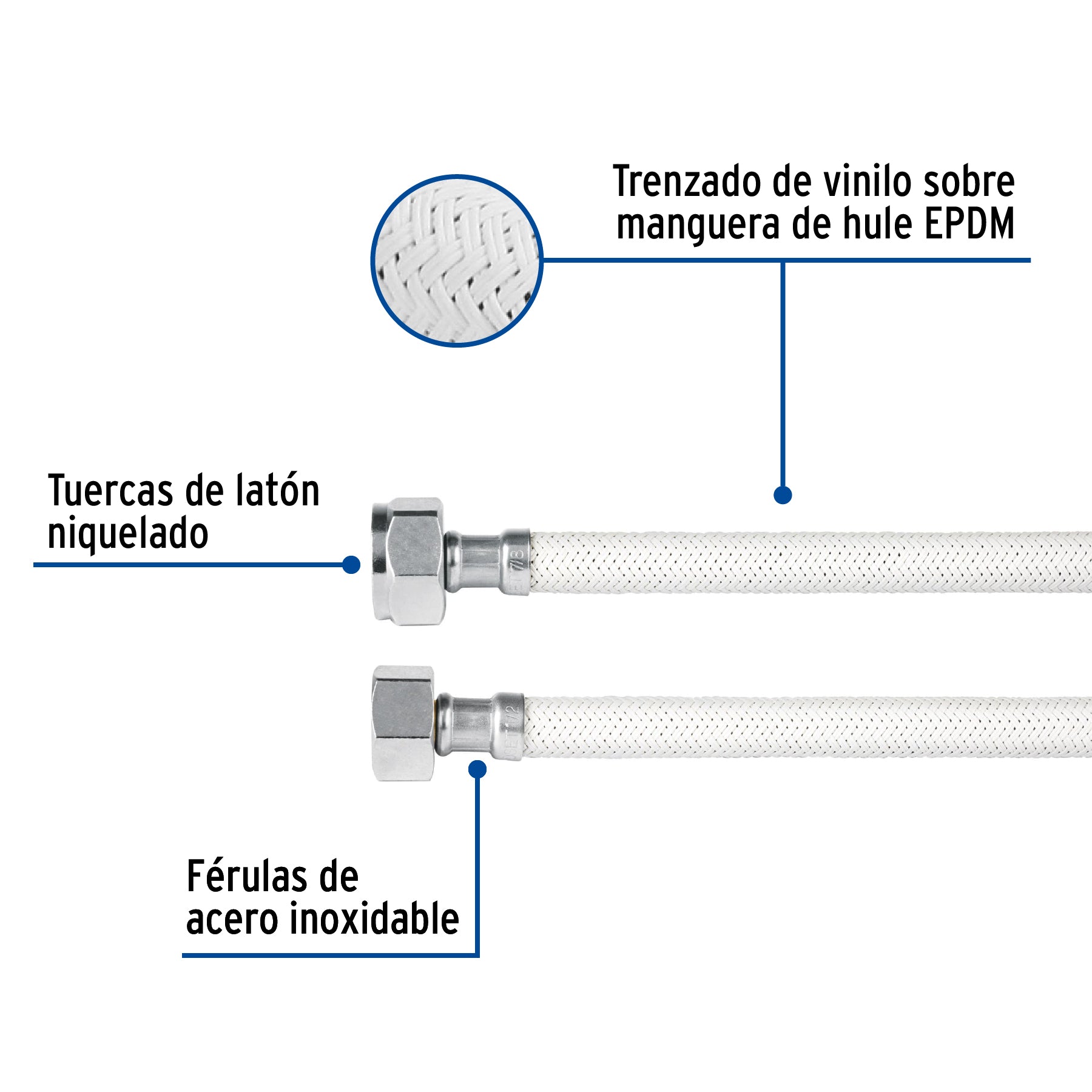 Manguera p/WC, vinilo blanco, 1/2" x 7/8", 35 cm