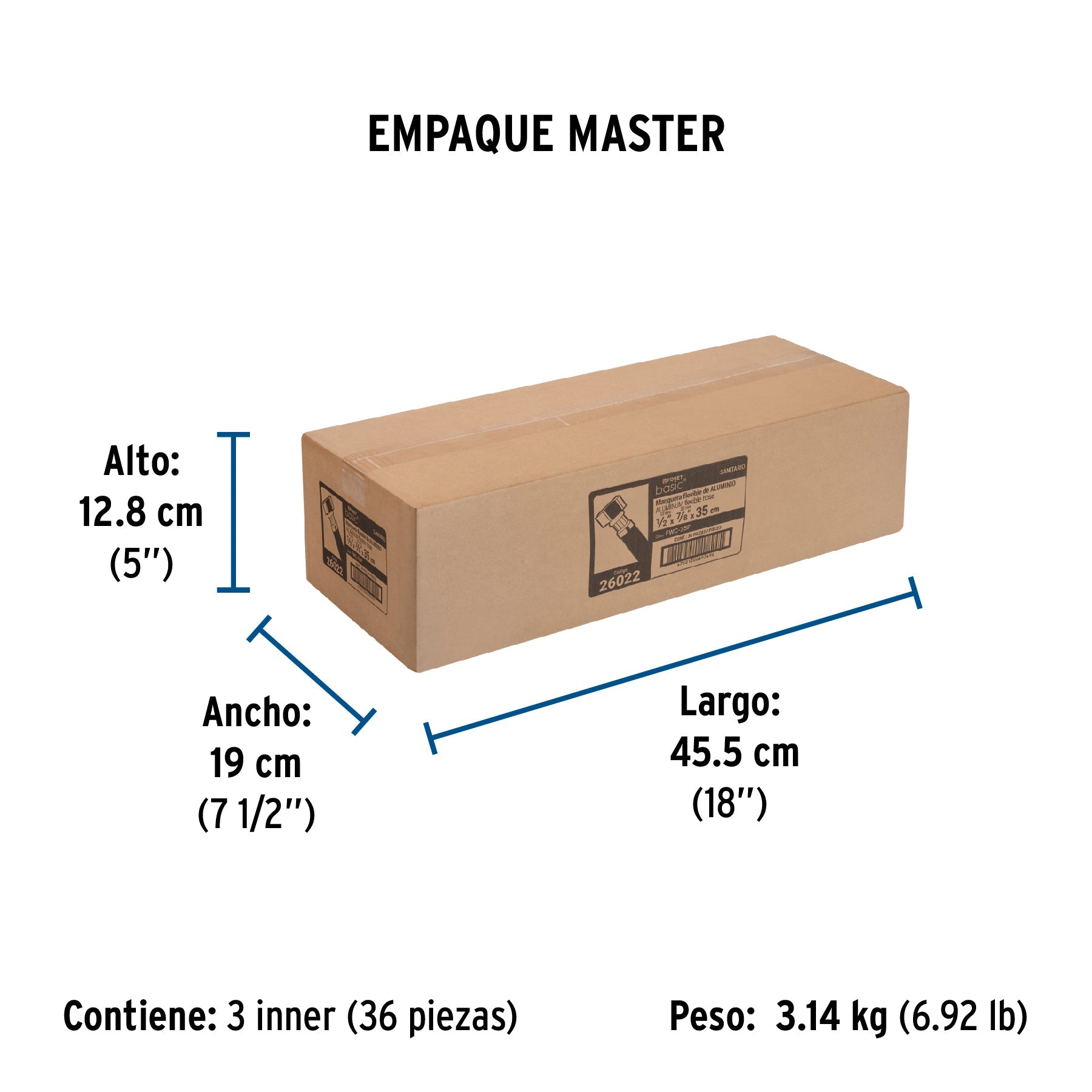 Manguera p/WC, aluminio, 1/2" x 7/8", 35 cm, BASIC - Empaque