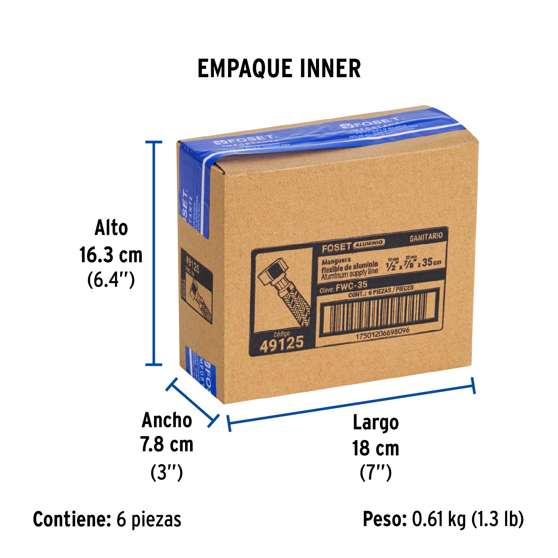 Manguera p/WC, aluminio, 1/2" x 7/8", 35 cm, FOSET - Empaque