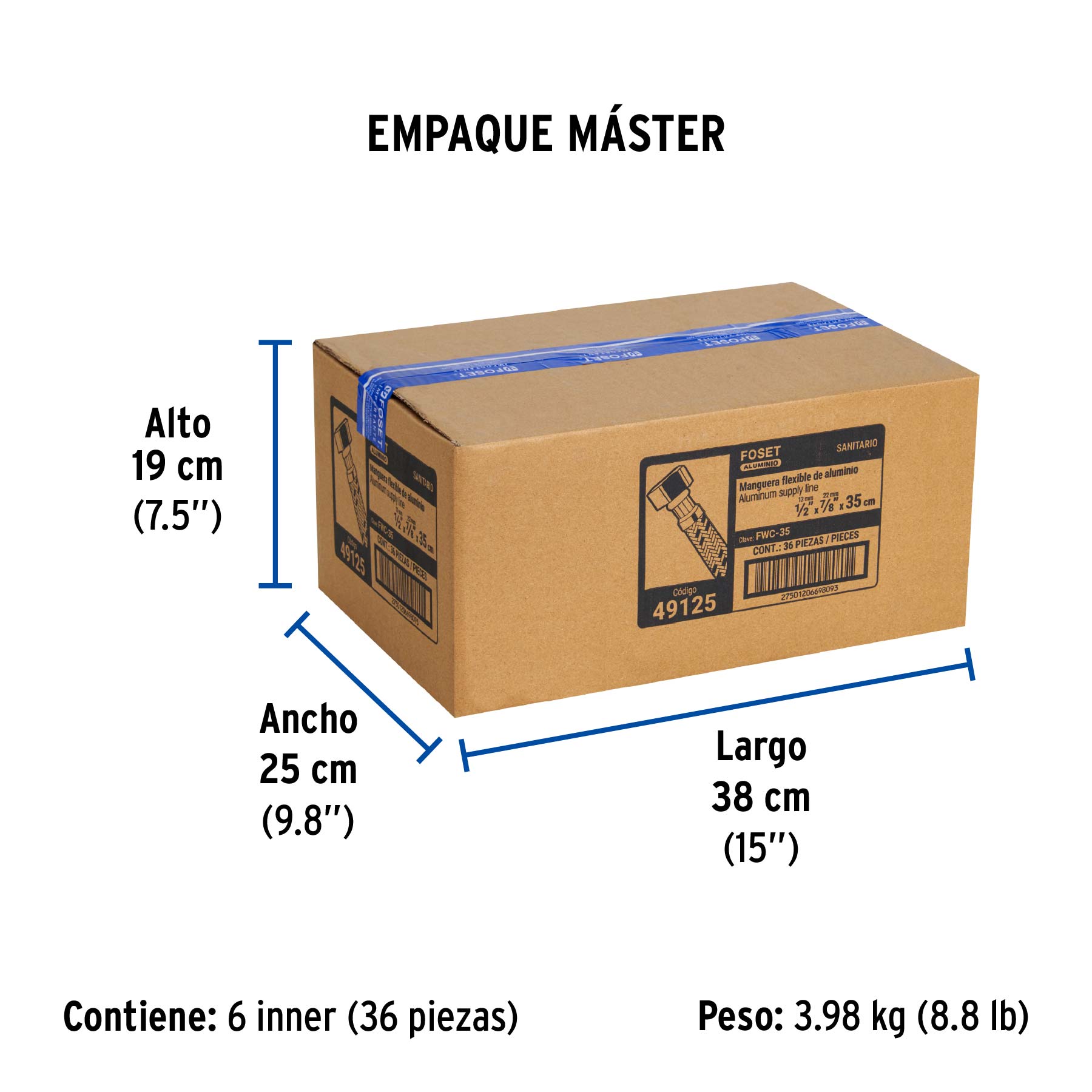 Manguera p/WC, aluminio, 1/2" x 7/8", 35 cm, FOSET - Empaque