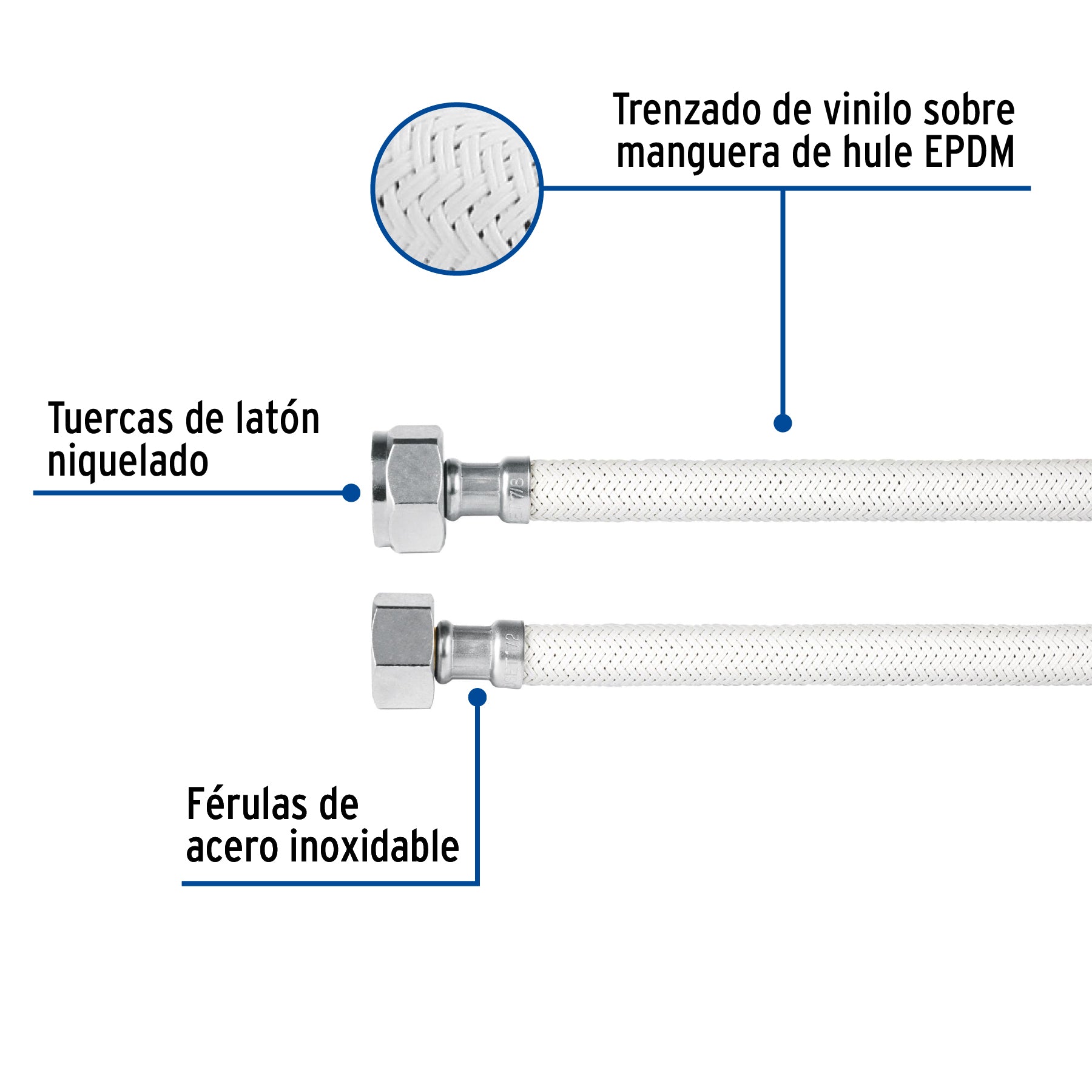 Manguera p/WC, vinilo blanco, 1/2" x 7/8", 50 cm
