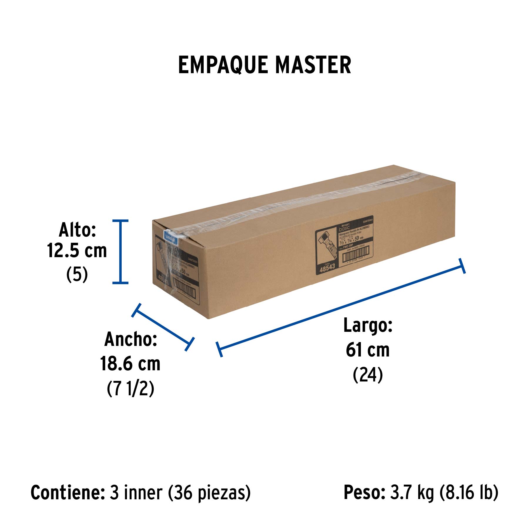 Manguera p/WC, aluminio, 1/2" x 7/8", 50 cm, BASIC - Empaque