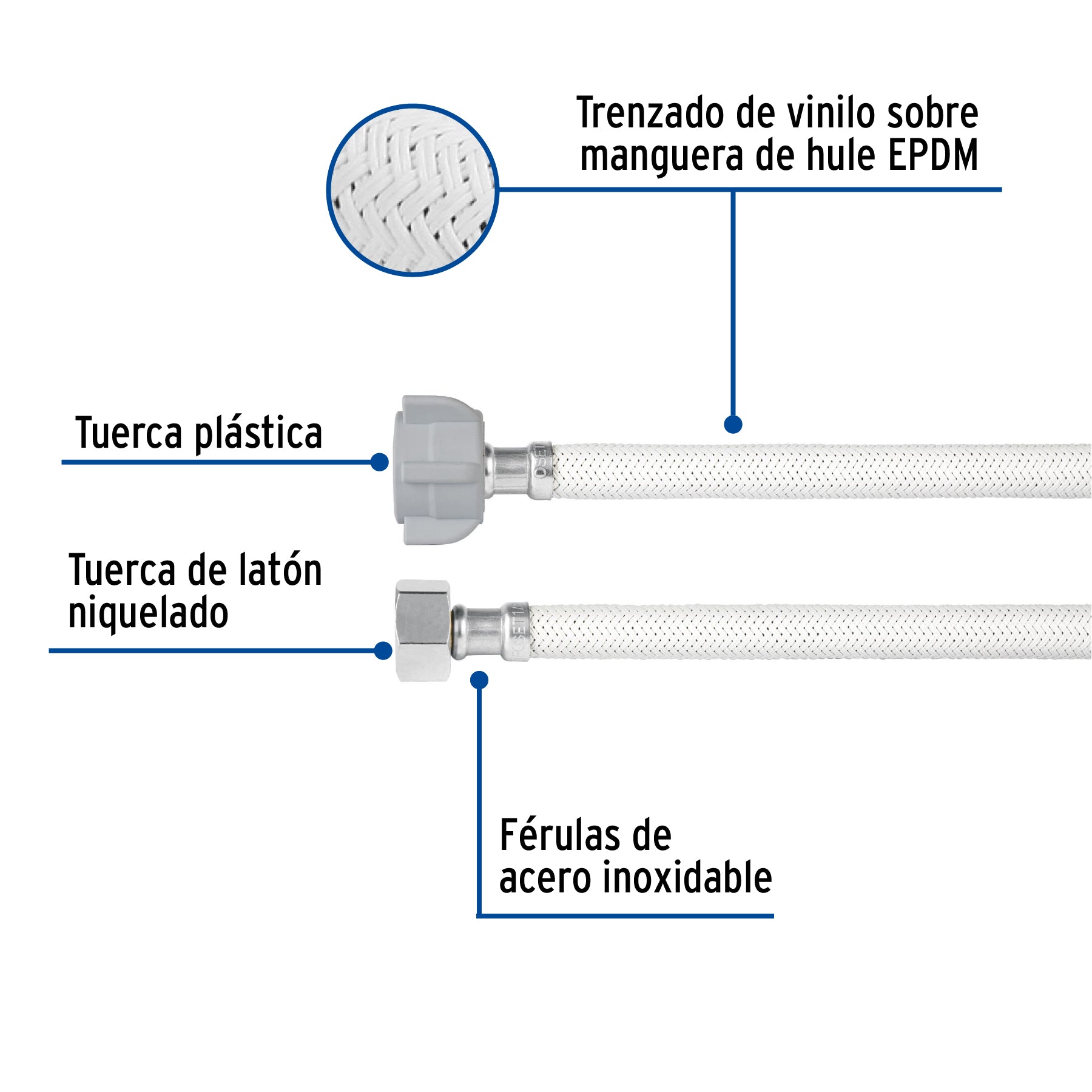 Manguera p/WC, vinilo blanco, 1/2x7/8", 35cm, plástico/latón
