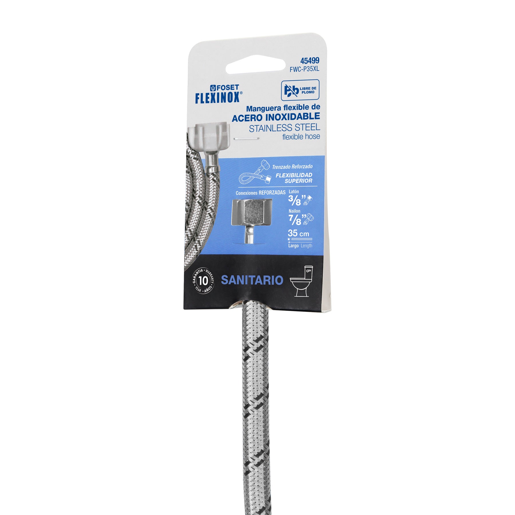 Manguera p/WC, acero inox, 3/8"x7/8", 35cm, plástico/latón