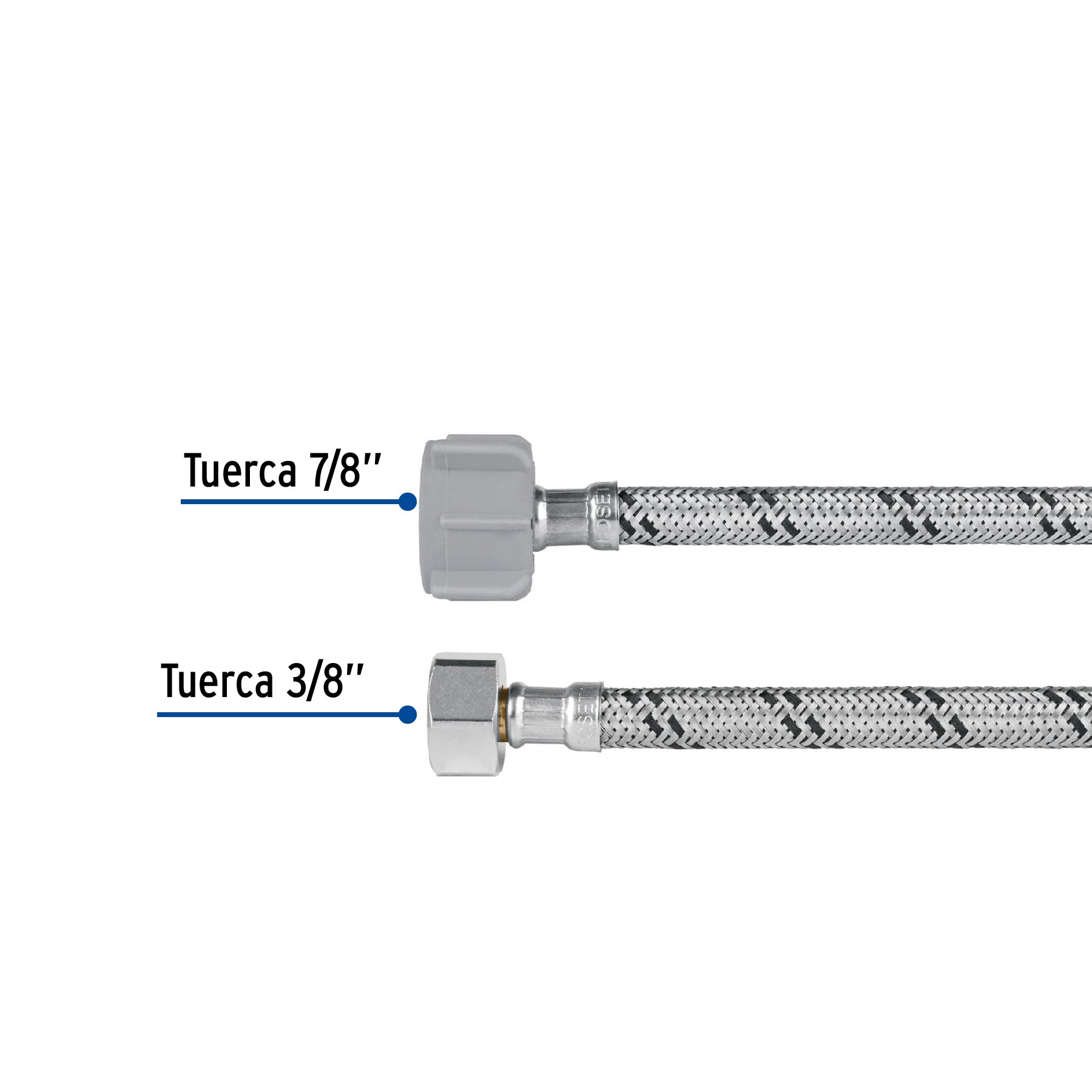Manguera p/WC, acero inox, 3/8"x7/8", 35cm, plástico/latón