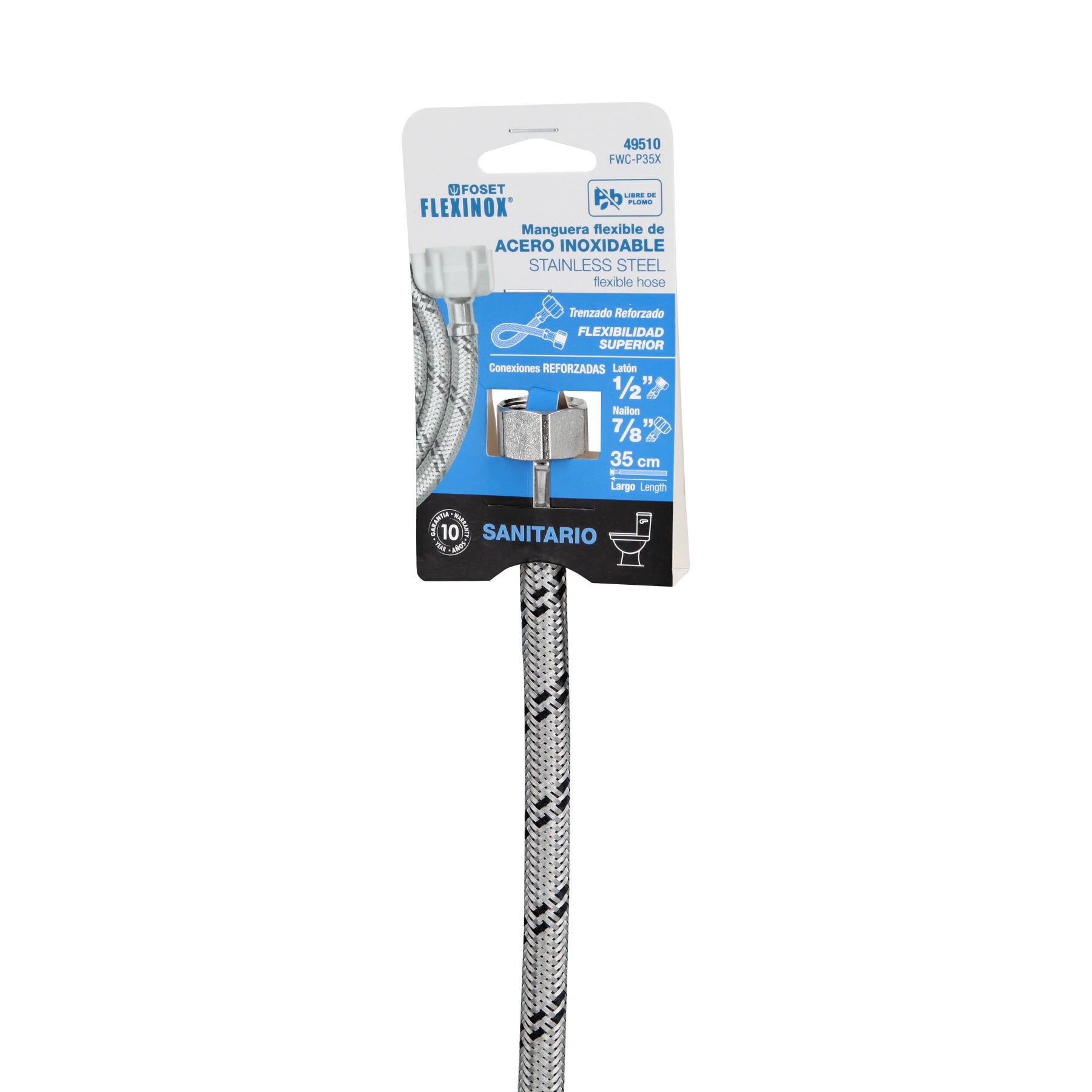 Manguera p/WC, acero inox, 1/2"x7/8", 35 cm, plástico/latón