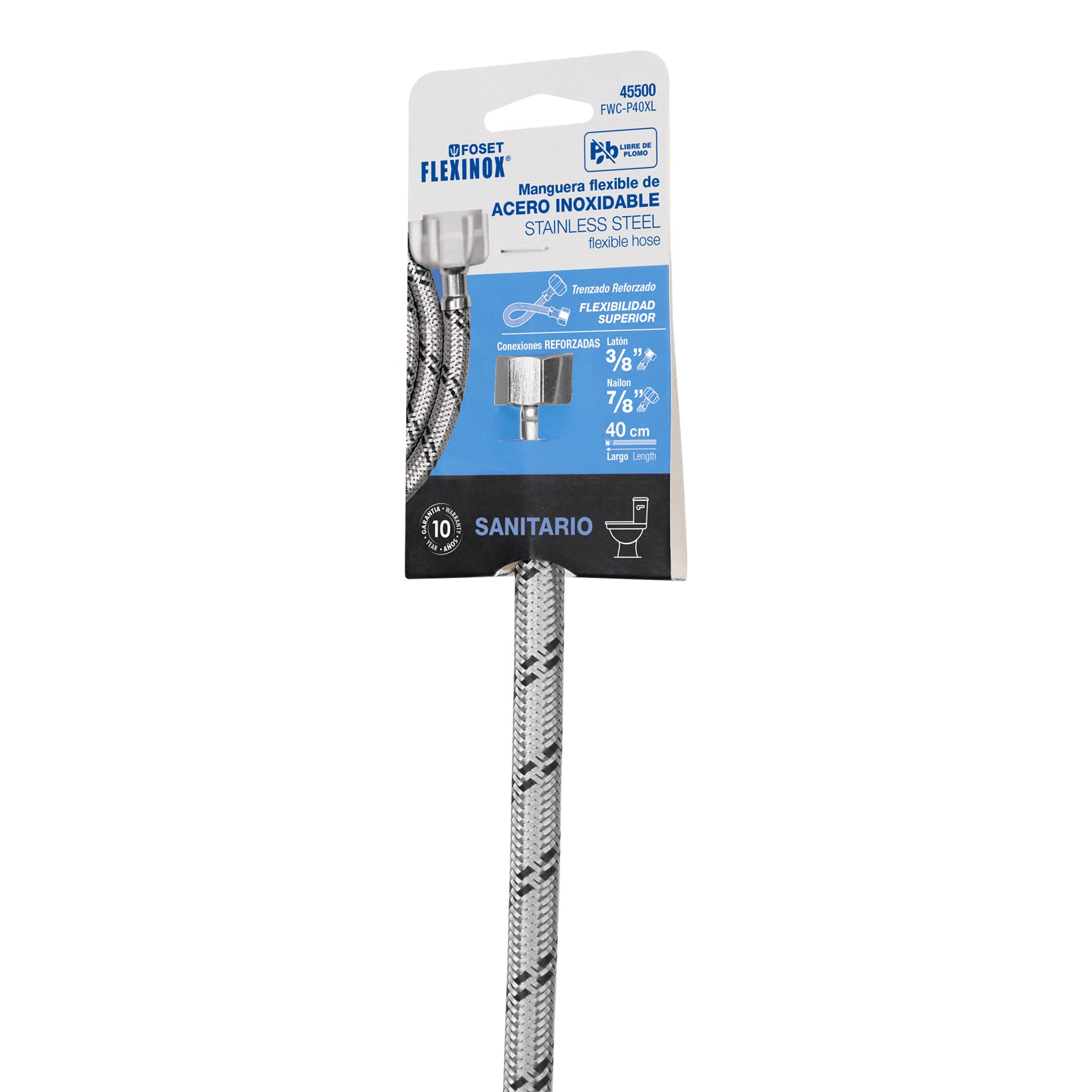 Manguera p/WC, acero inox, 3/8"x7/8", 40cm, plástico/latón