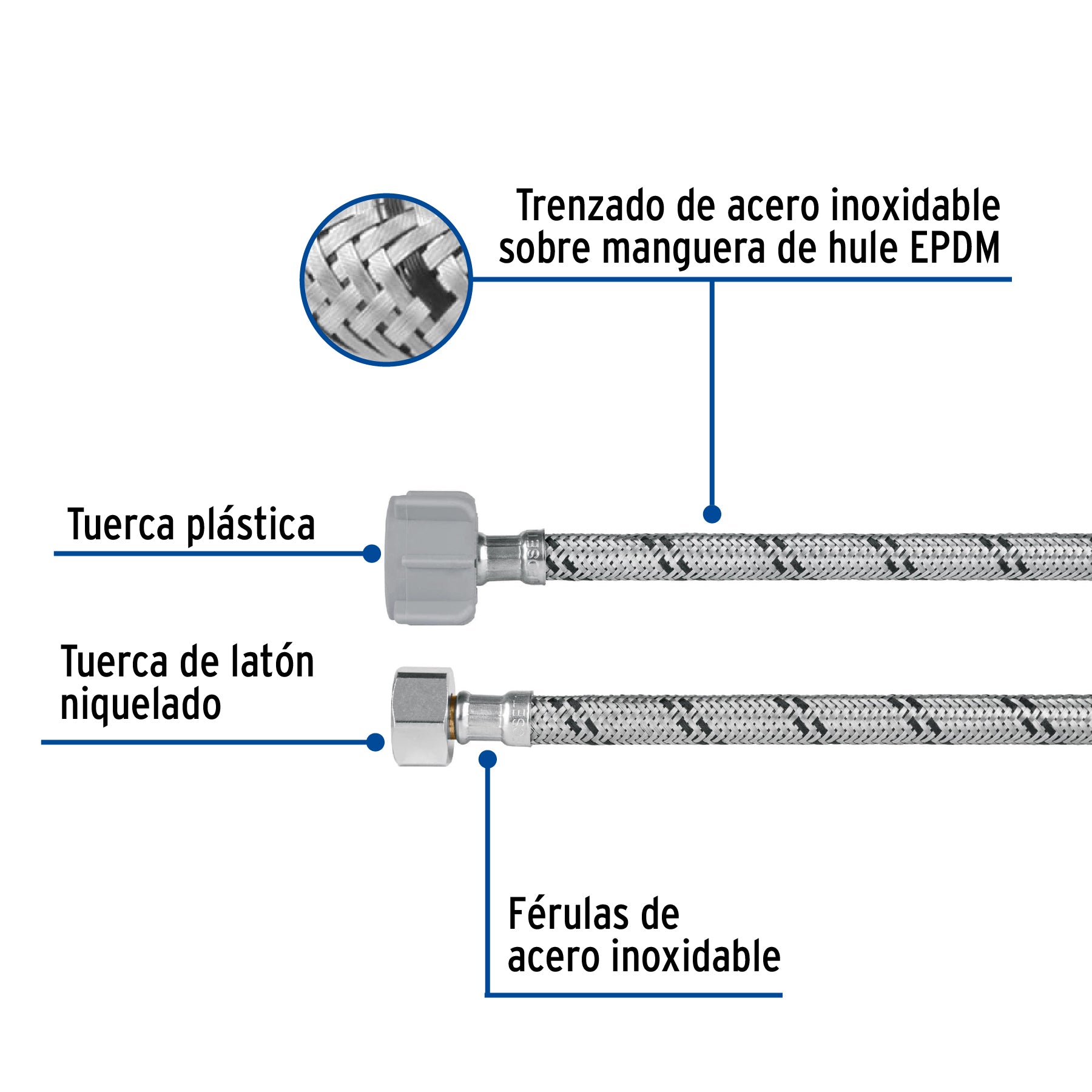 Manguera p/WC, acero inox, 3/8"x7/8", 50cm, plástico/latón