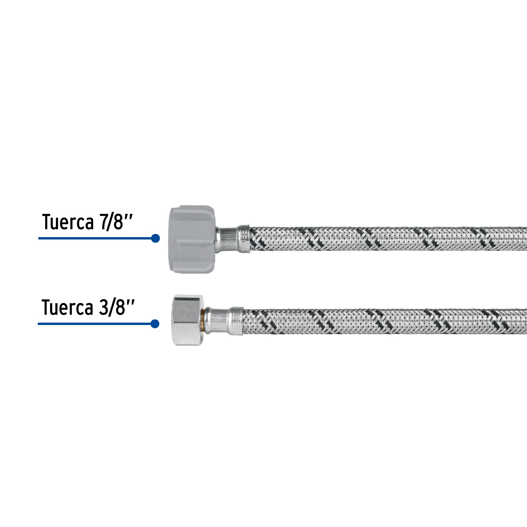 Manguera p/WC, acero inox, 3/8"x7/8", 50cm, plástico/latón