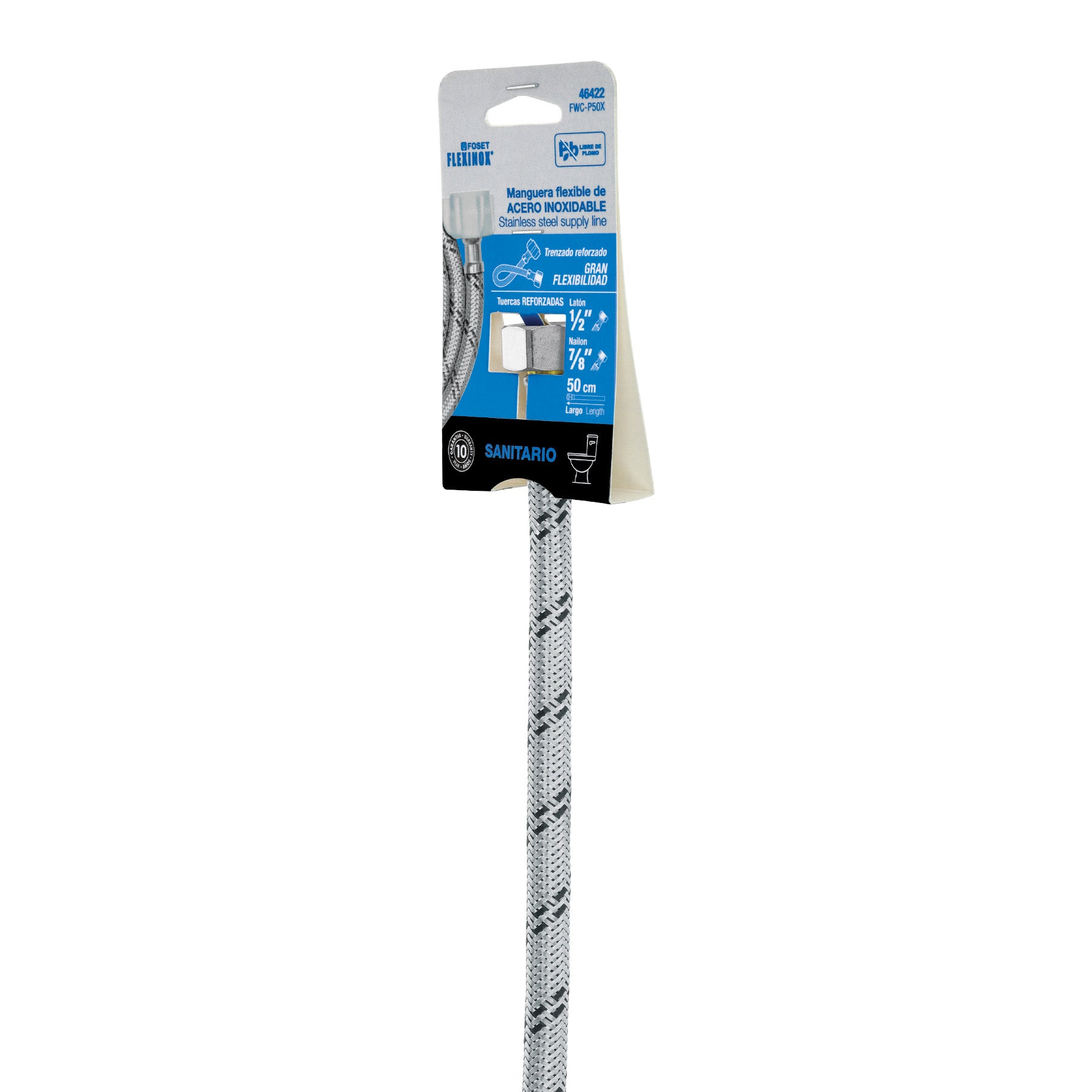 Manguera p/WC, acero inox, 1/2"x7/8", 50 cm, plástico/latón