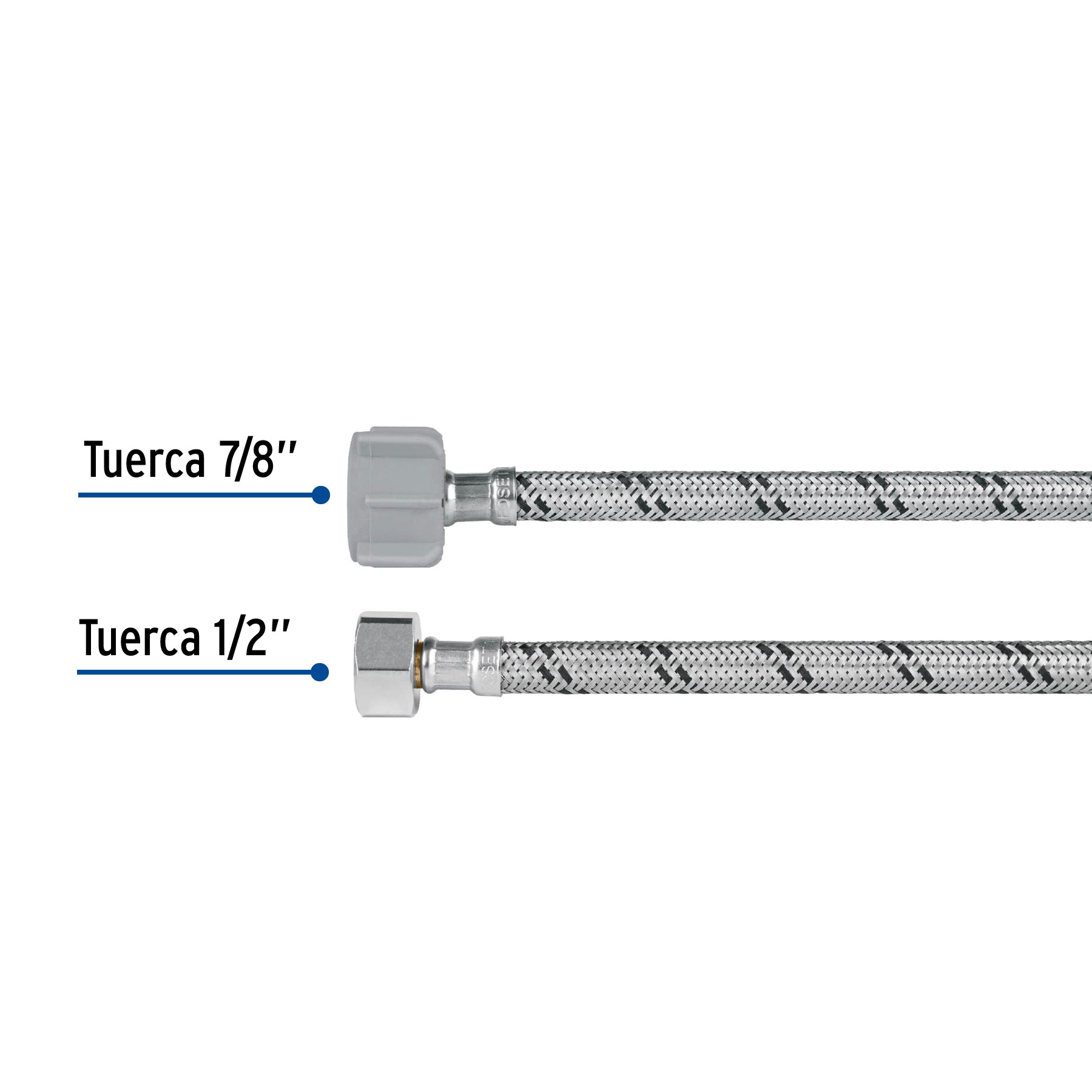 Manguera p/WC, acero inox, 1/2"x7/8", 50 cm, plástico/latón
