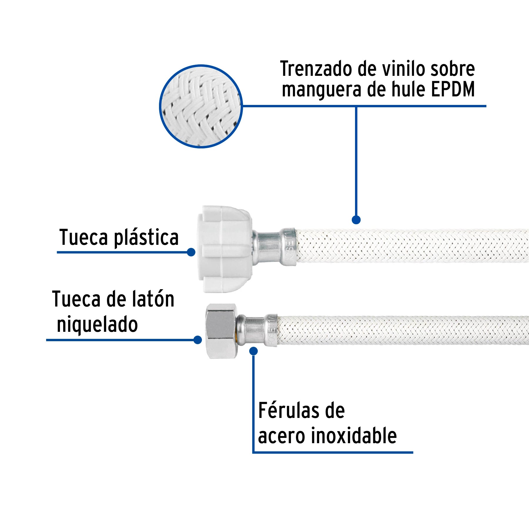 Manguera p/WC vinilo blanco 1/2"x7/8", 60cm, plástico/latón