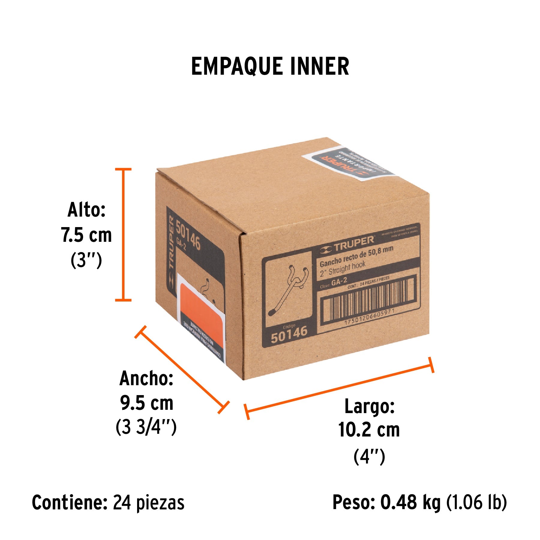 Gancho recto de 2" para perfocel y panel ranurado, TRUPER - Empaque