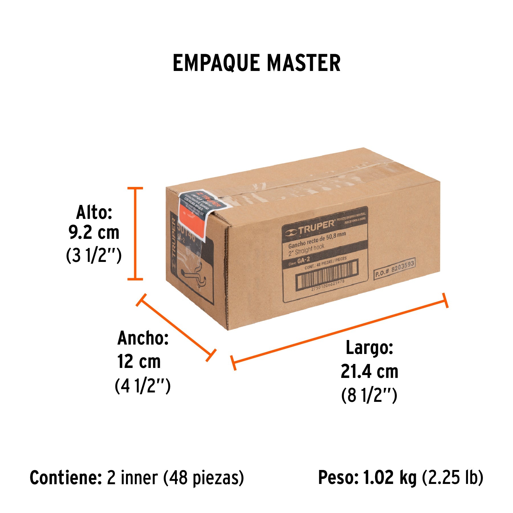 Gancho recto de 2" para perfocel y panel ranurado, TRUPER - Empaque