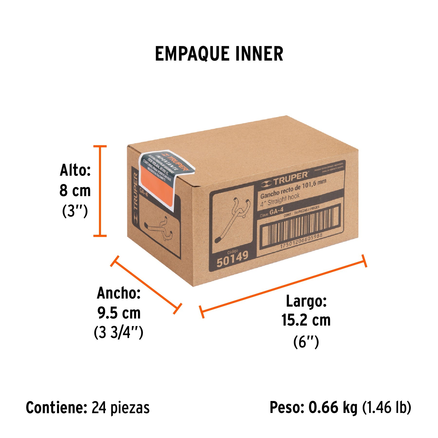 Gancho recto de 4" para perfocel y panel ranurado, TRUPER - Empaque
