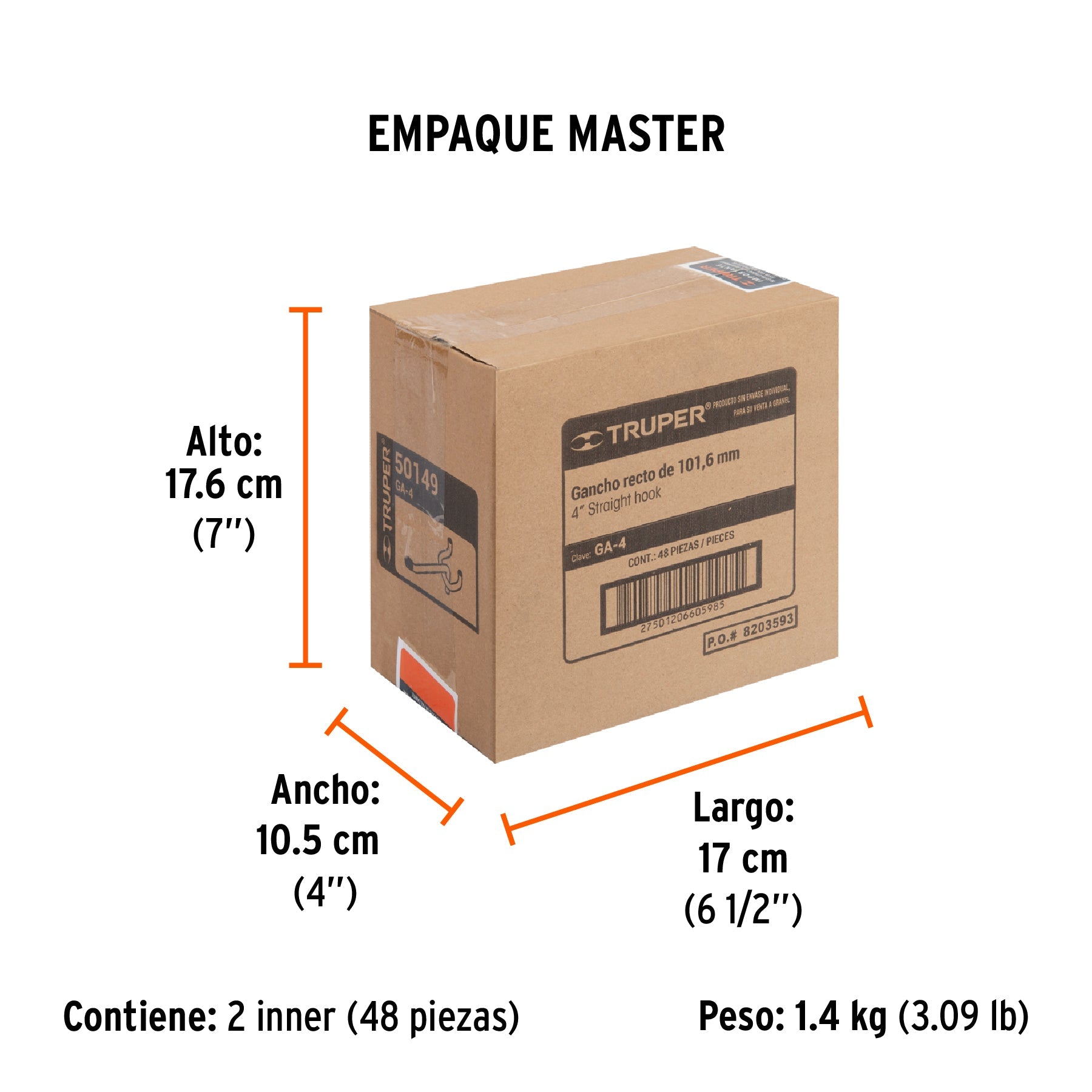 Gancho recto de 4" para perfocel y panel ranurado, TRUPER - Empaque