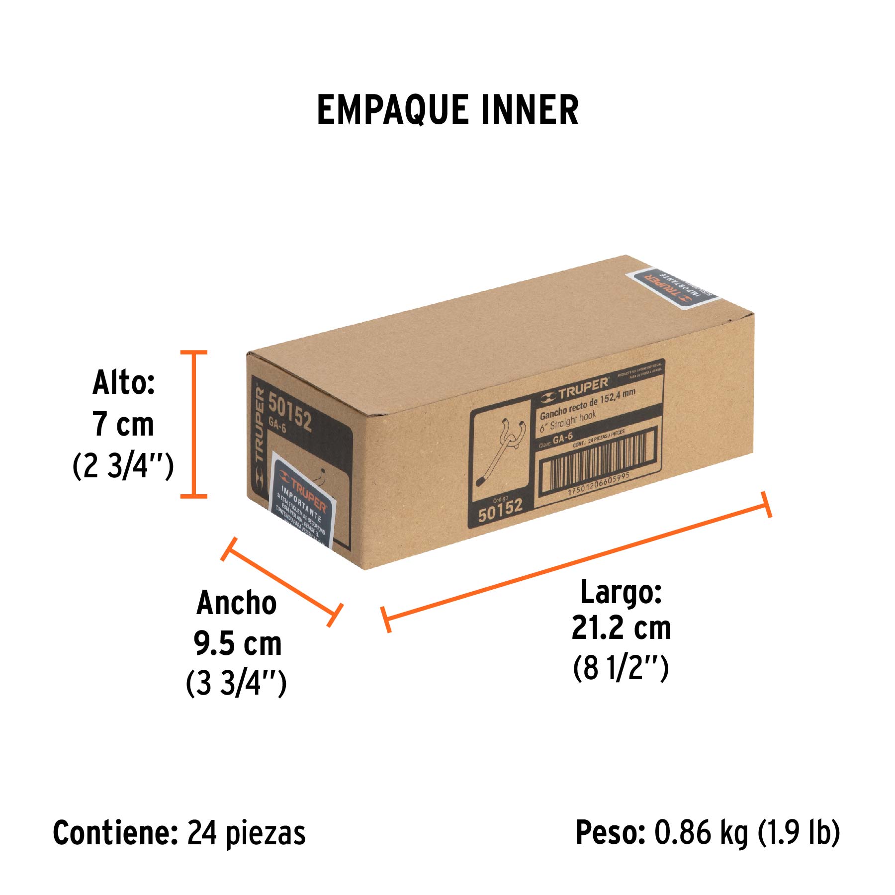 Gancho recto de 6" para perfocel y panel ranurado, TRUPER - Empaque