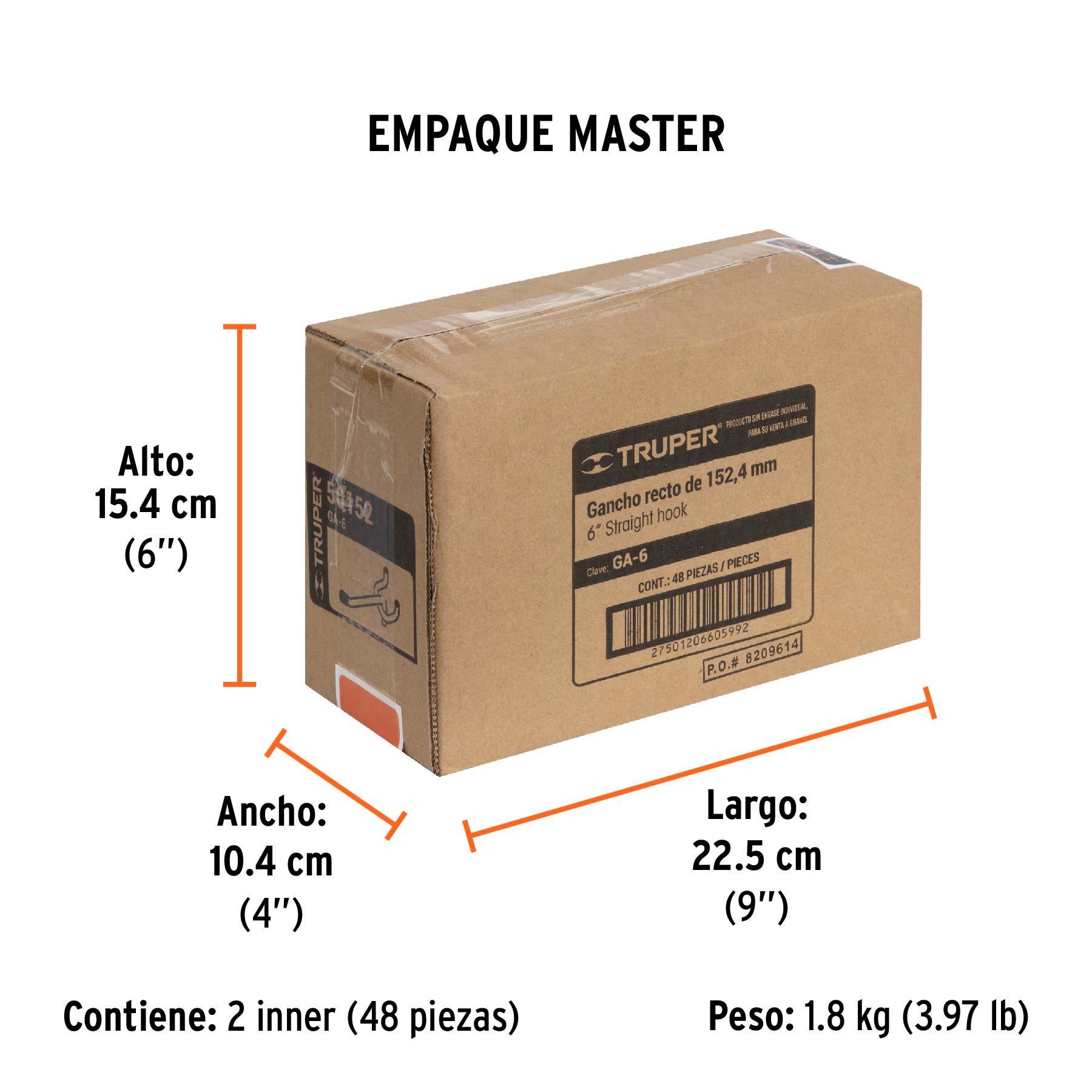 Gancho recto de 6" para perfocel y panel ranurado, TRUPER - Empaque
