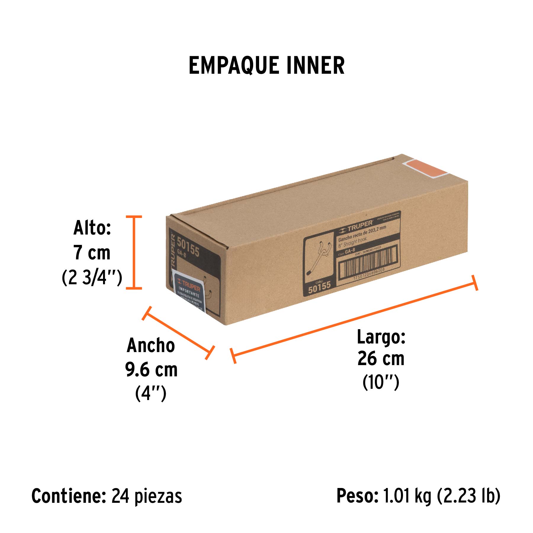 Gancho recto de 8" para perfocel y panel ranurado, TRUPER - Empaque