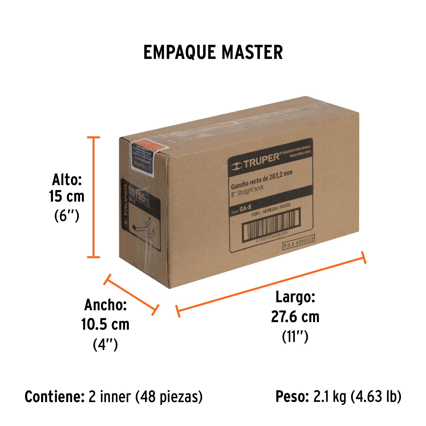 Gancho recto de 8" para perfocel y panel ranurado, TRUPER - Empaque
