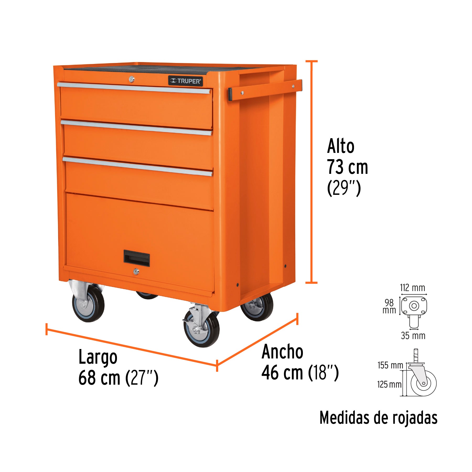 Gabinete metálico móvil, 4 cajones, capacidad 90 kg, TRUPER