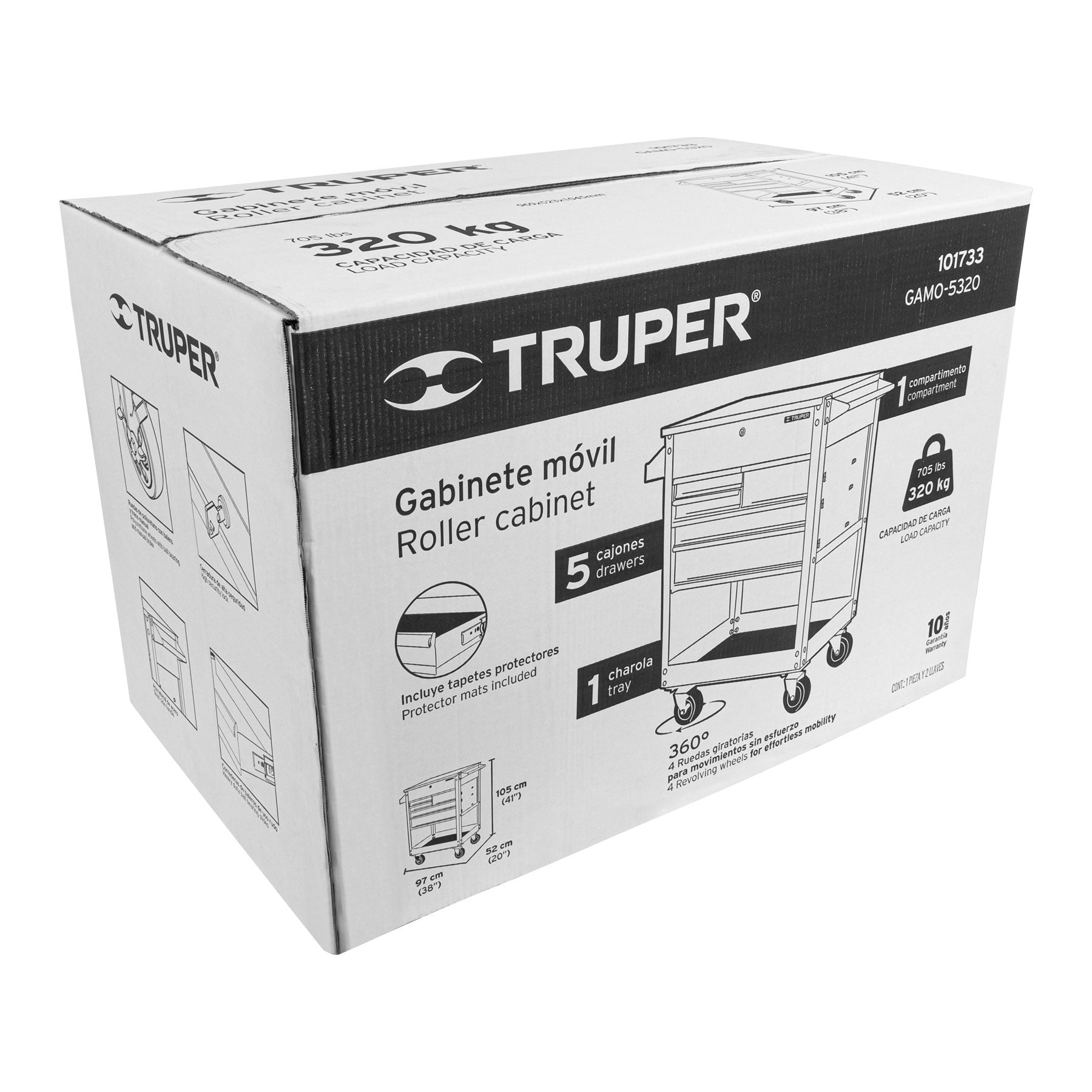 Gabinete metálico móvil, 5 cajones, capacidad 320 kg, TRUPER