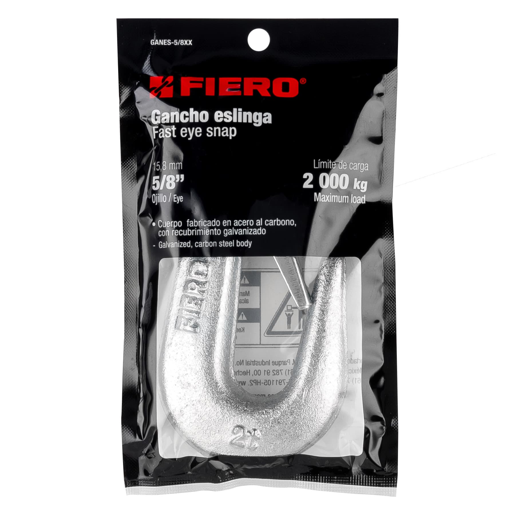 Gancho eslinga de acero forjado 5/8", carga 2000 kg, FIERO