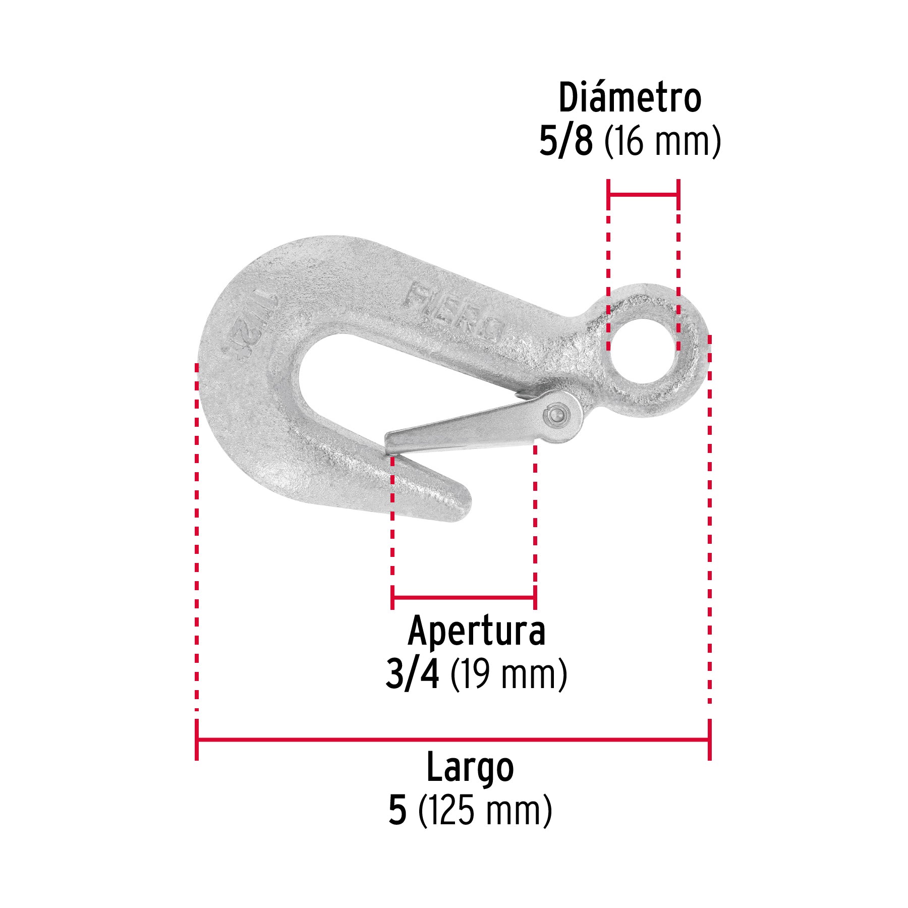 Gancho eslinga de acero forjado 5/8", carga 1500 kg, FIERO