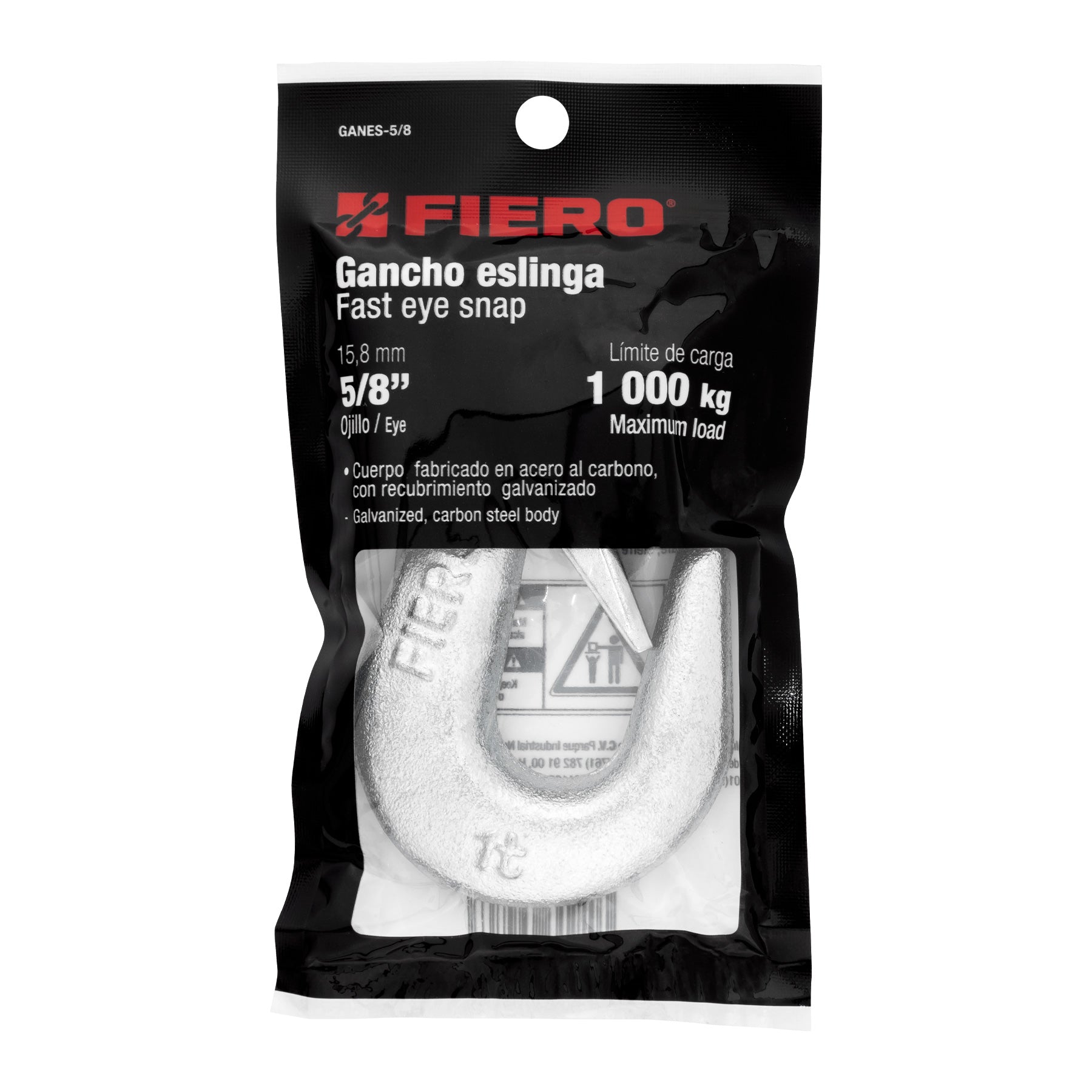 Gancho eslinga de acero forjado 5/8", carga 1000 kg, FIERO
