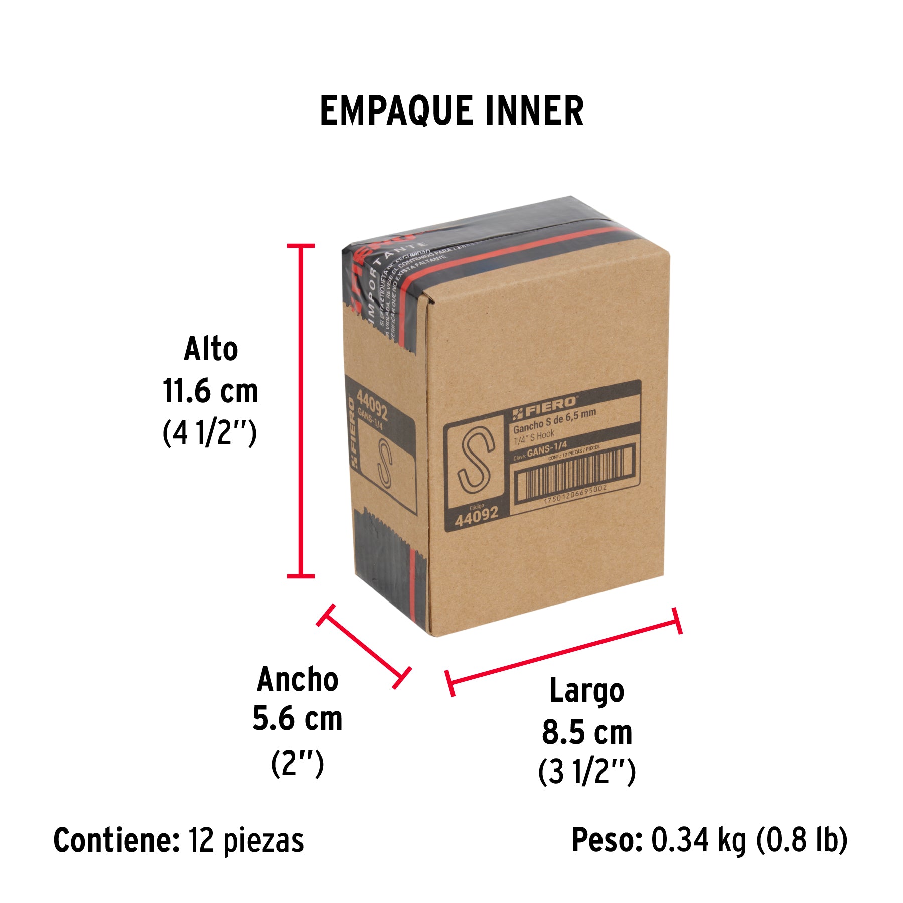 Gancho "S" de 1/4" de acero para cable, FIERO - Empaque