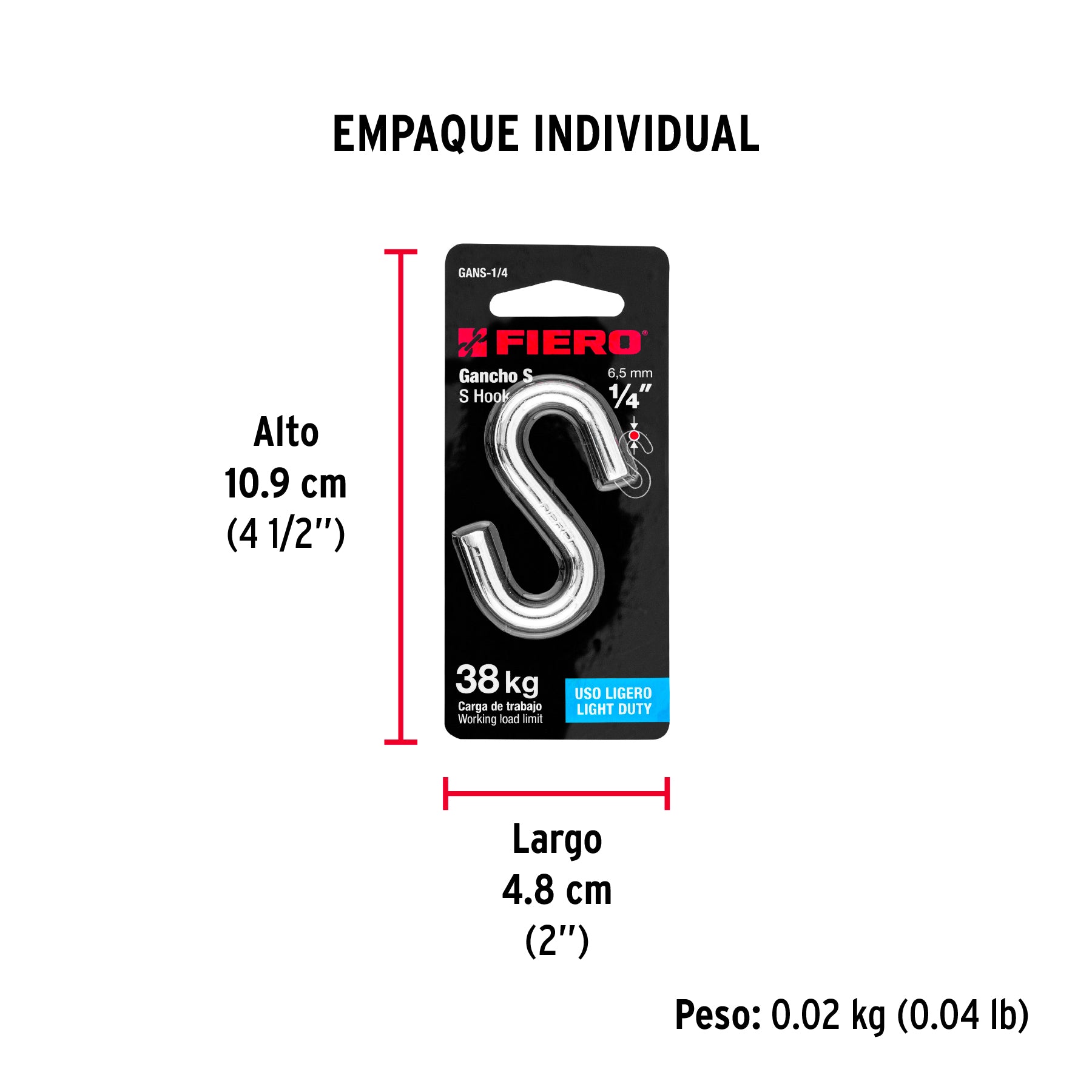 Gancho "S" de 1/4" de acero para cable, FIERO - Empaque