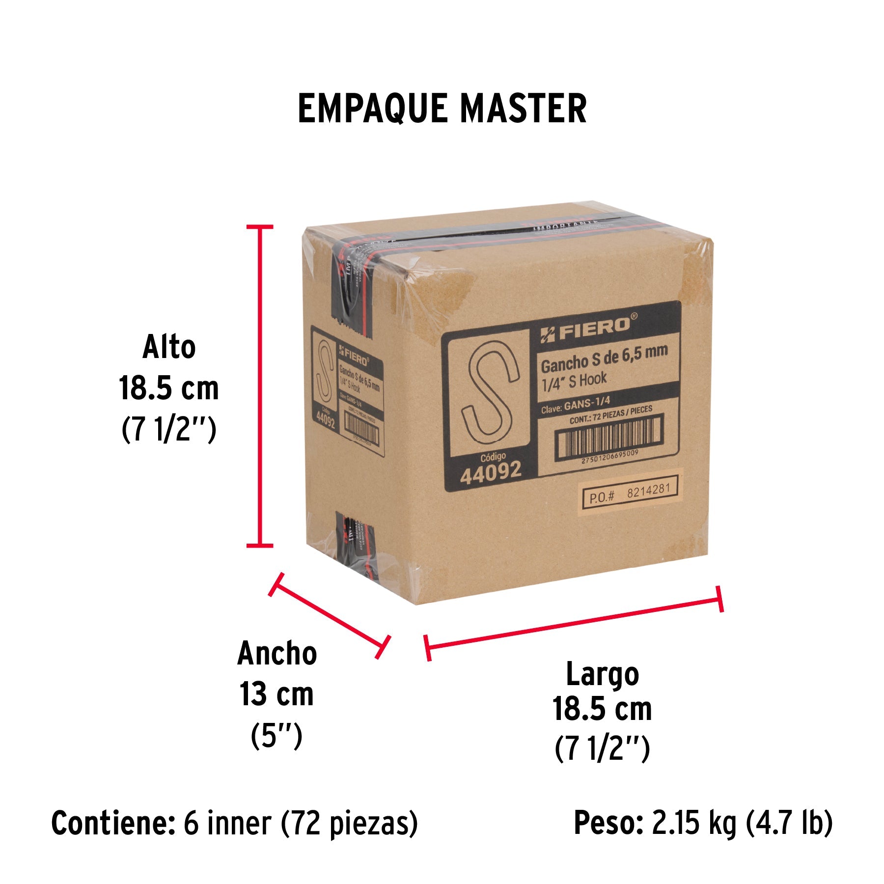 Gancho "S" de 1/4" de acero para cable, FIERO - Empaque