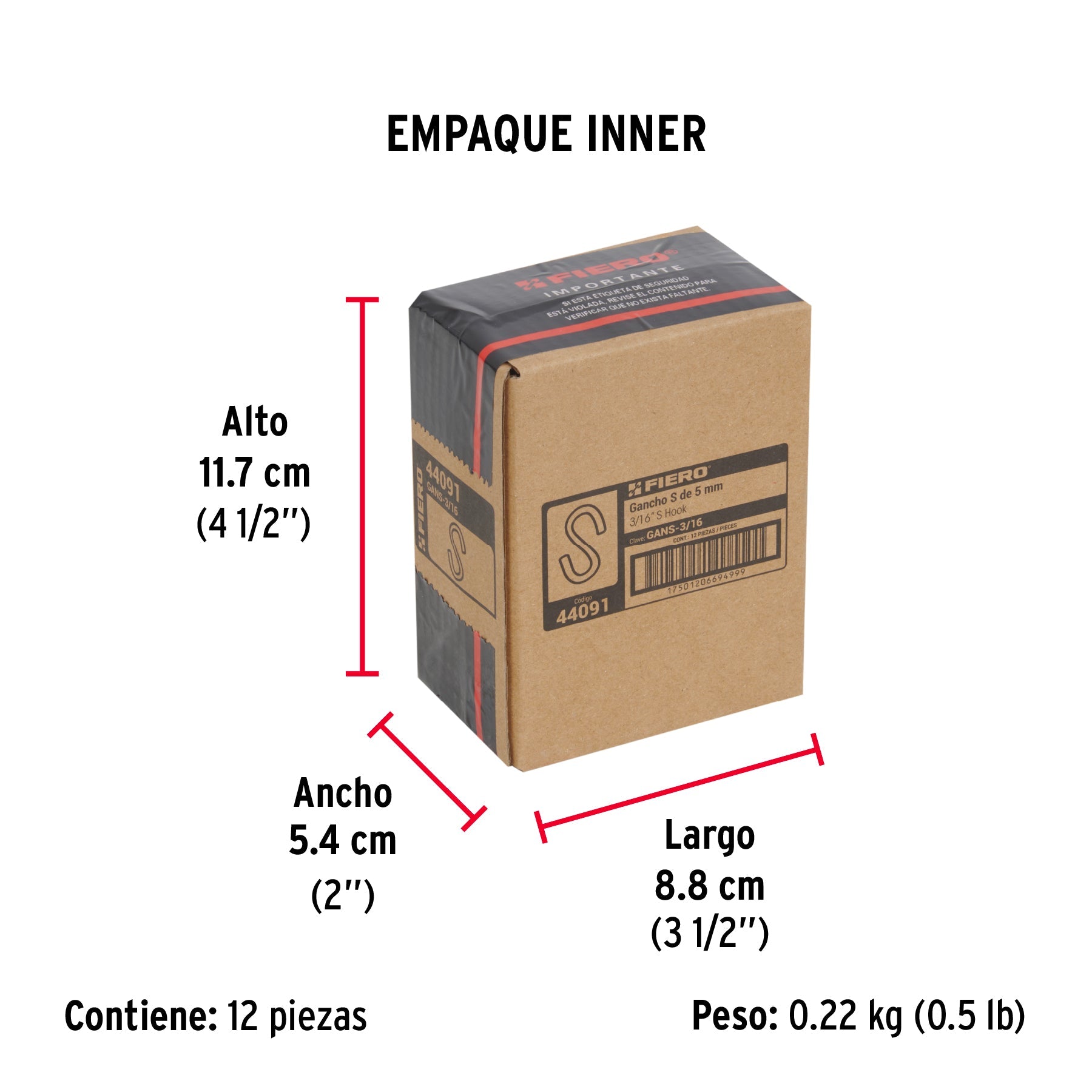 Gancho "S" de 3/16" de acero para cable, FIERO - Empaque