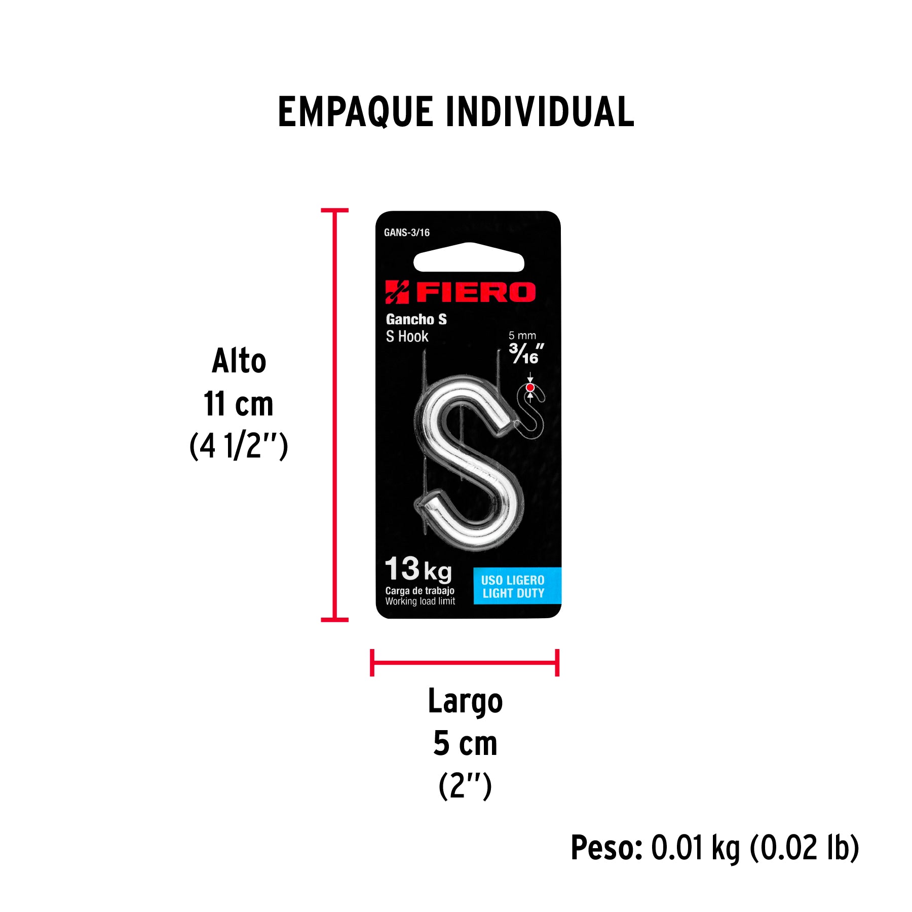 Gancho "S" de 3/16" de acero para cable, FIERO - Empaque