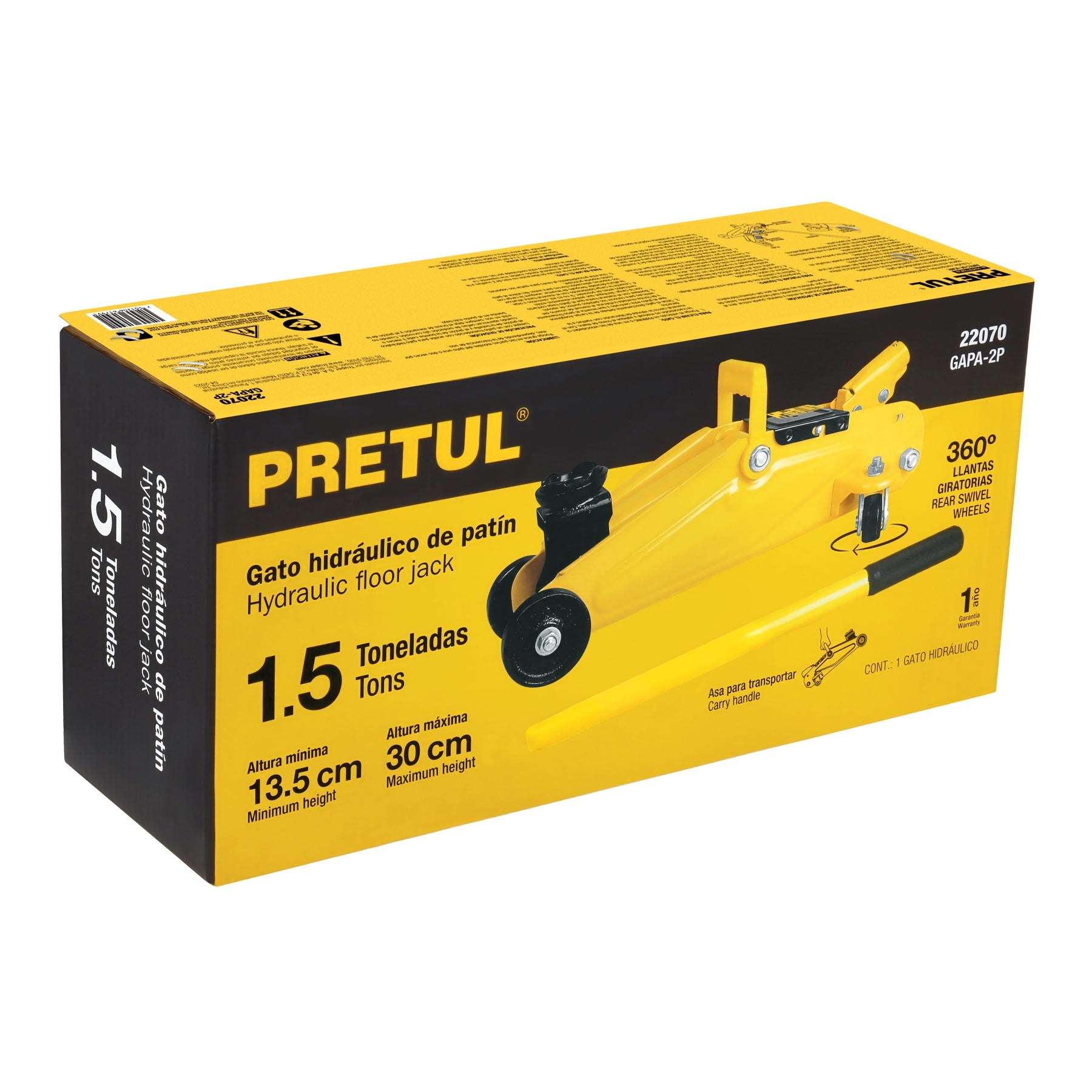 Gato hidráulico de patín 1.5t, 32 movimientos, PRETUL