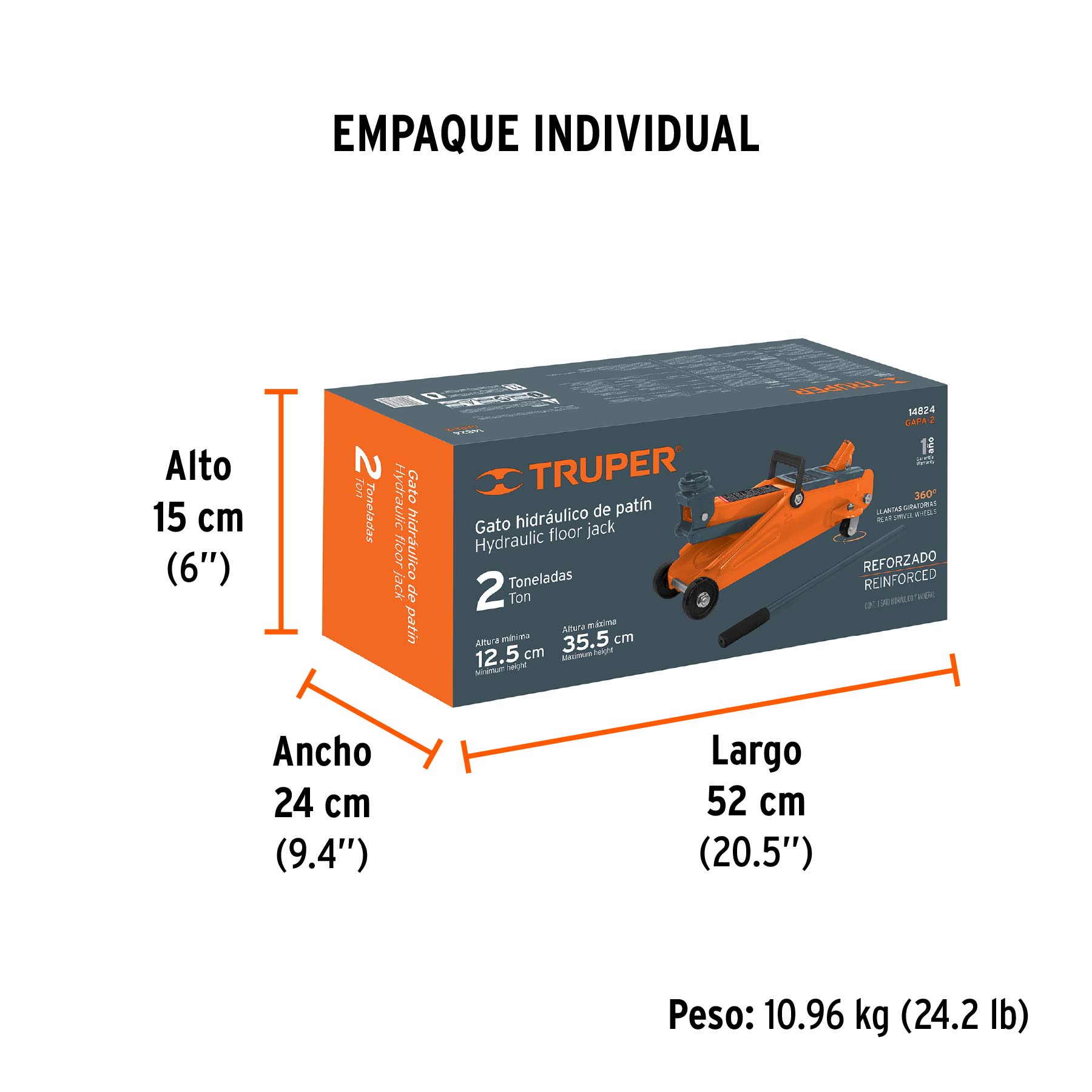 Gato hidráulico de patín, 2t, 50 movimientos, TRUPER - Empaque