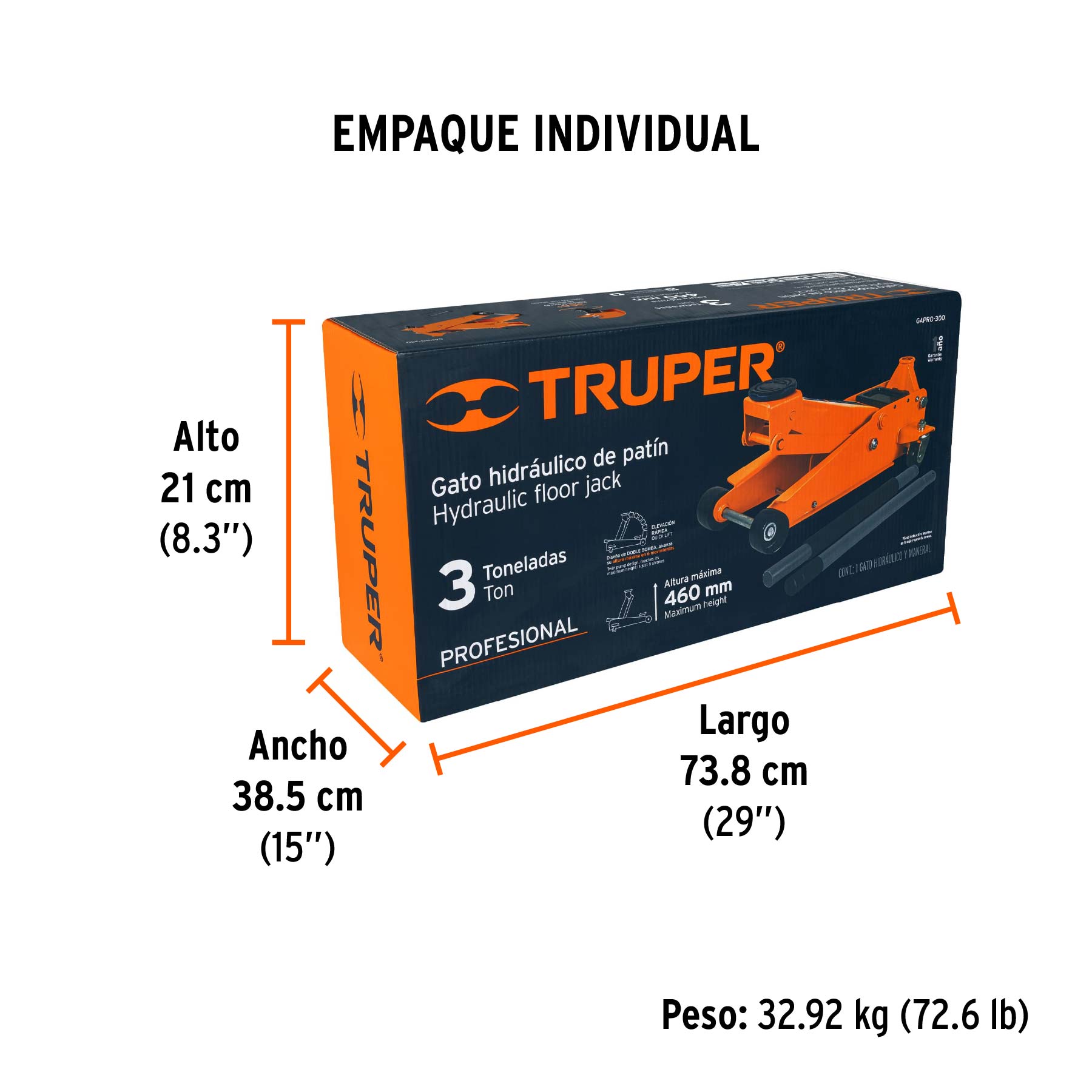 Gato hidráulico de patín 3t profesional, elev rápida, TRUPER - Empaque