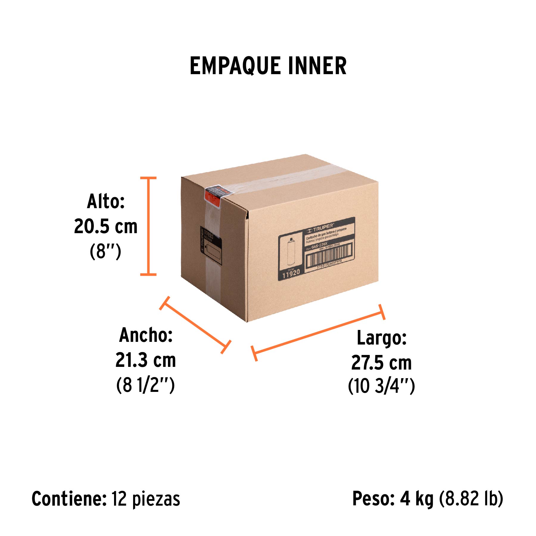 Lata de gas de 220g con válvula de 1/4 de vuelta, TRUPER - Empaque
